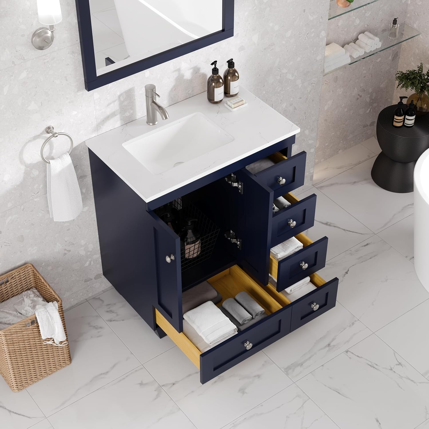 Eviva Happy 30 in. Blue Single Sink Bath Vanity with Carrara Quartz Top and Undermount Porcelain Sink