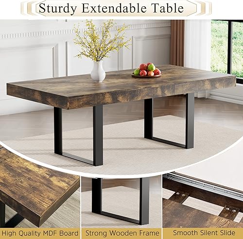 Miniatura 4 de Goujxcy Juego de mesa de comedor extensible de 7 piezas para 6, 63-78 pulgadas, juego de mesa de cocina marrón rústico con 6 sillas grises copetudas