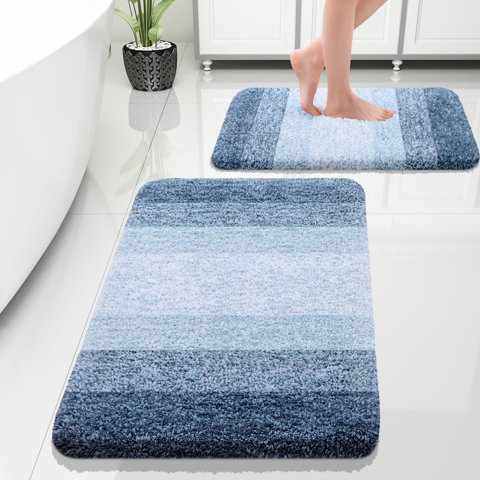 OLANLYLuxury Bathroom Rug Set 2 Piece, Soft Absorbent Microfiber Bath Rug Set, Non-Slip Striped Bath Carpet, Machine Wash Dry, Bath Mats for Bathroom (30"x20"+24"x16", Dark Blue)