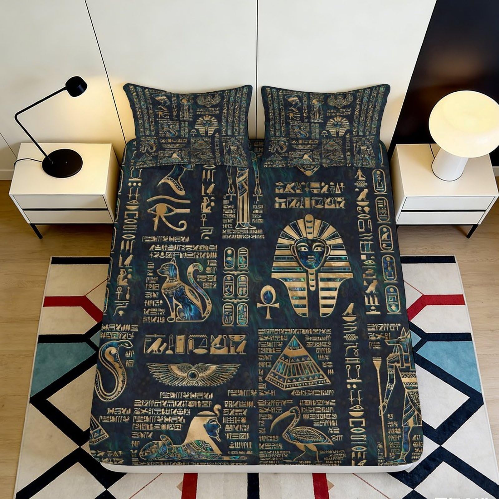 3D Printed Egyptian Hieroglyphics Fitted Sheet Microfiber Gold Blue Pharaoh Bed Cover for Bedroom Decor Protection 90x200x25cm