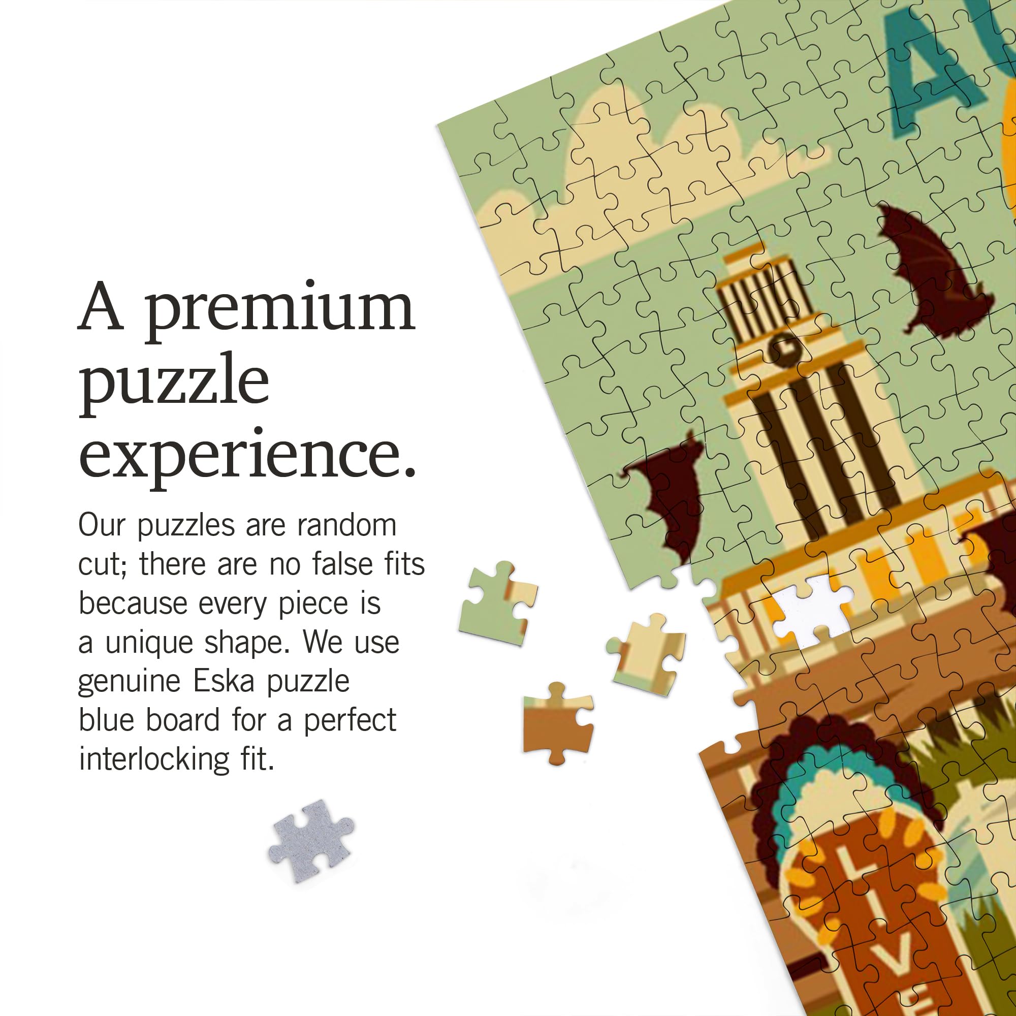 Austin Texas Puzzle per adulti 1000 pezzi disegnato a mano Austin Cityscape Jigsaw puzzle, musica e cultura Texas, puzzle di viaggio Downtown Austin, poster di riferimento incluso, prodotto negli