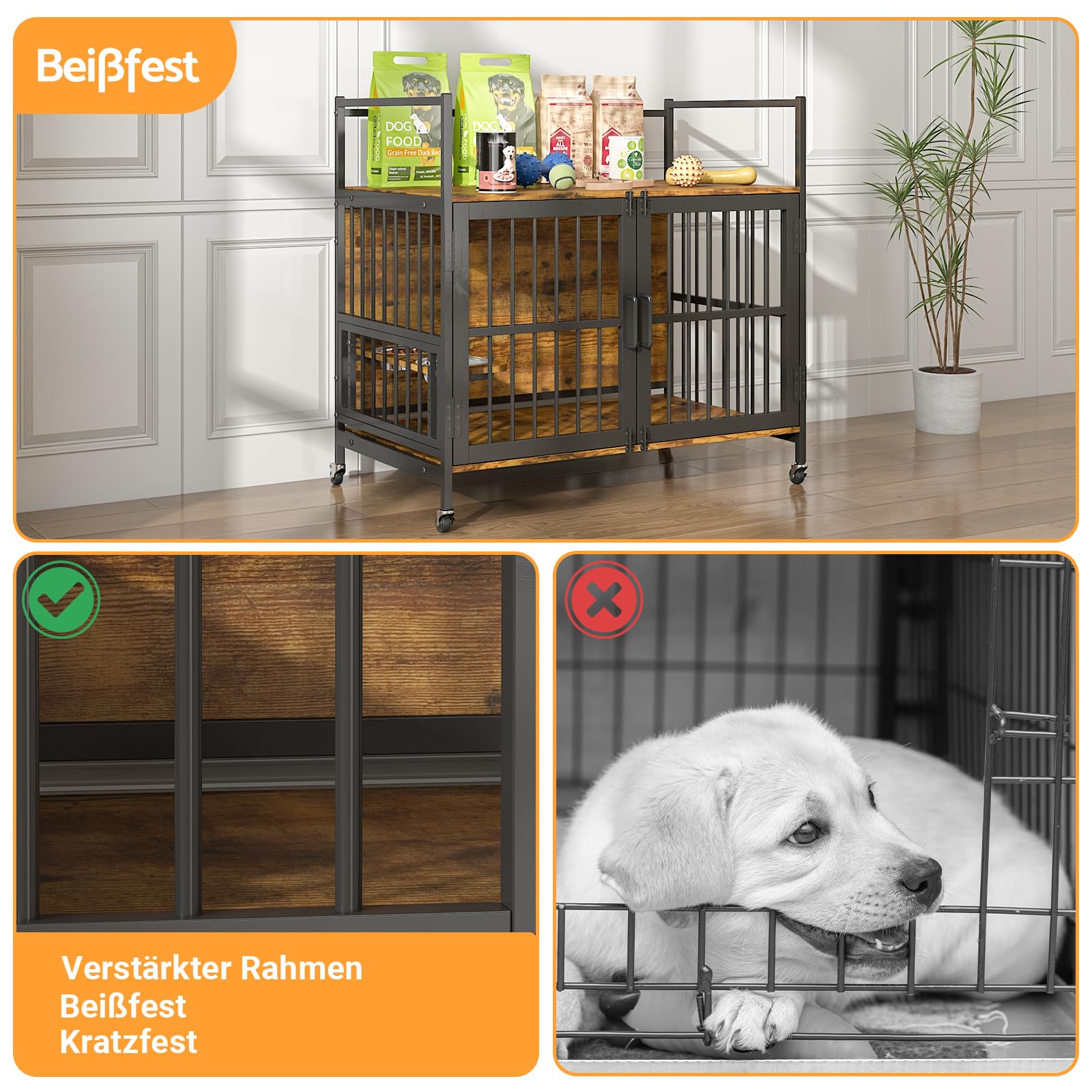 Hundekäfig Möbel mit Lagerregal, 99x58x96,5cm, Hundebox Möbel mit 360° Drehbaren Hundenäpfen und mit Rädern, Hochbelastbarer Hundekäfig für Zuhause, Hundeschrank für große und mittlere Hunde