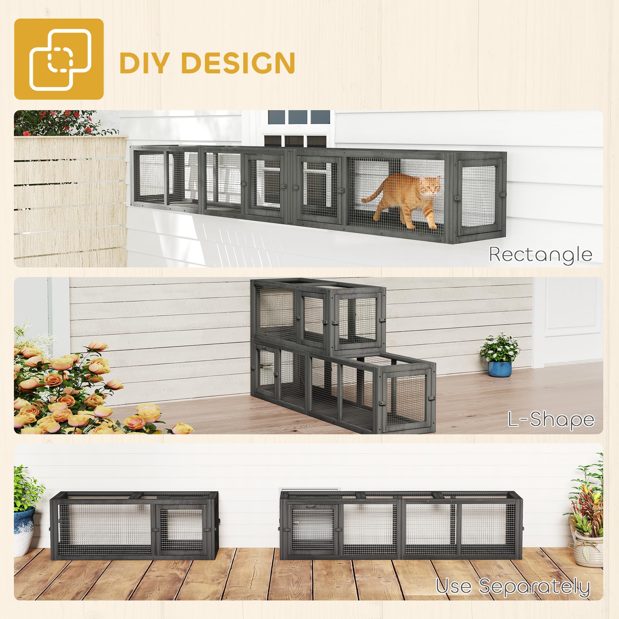 PawHut Túnel de madera para gatos, 250 cm, extra largo, con 8 puertas, forma de L/rectangular, para gato, conejo, cachorro, gris oscuro