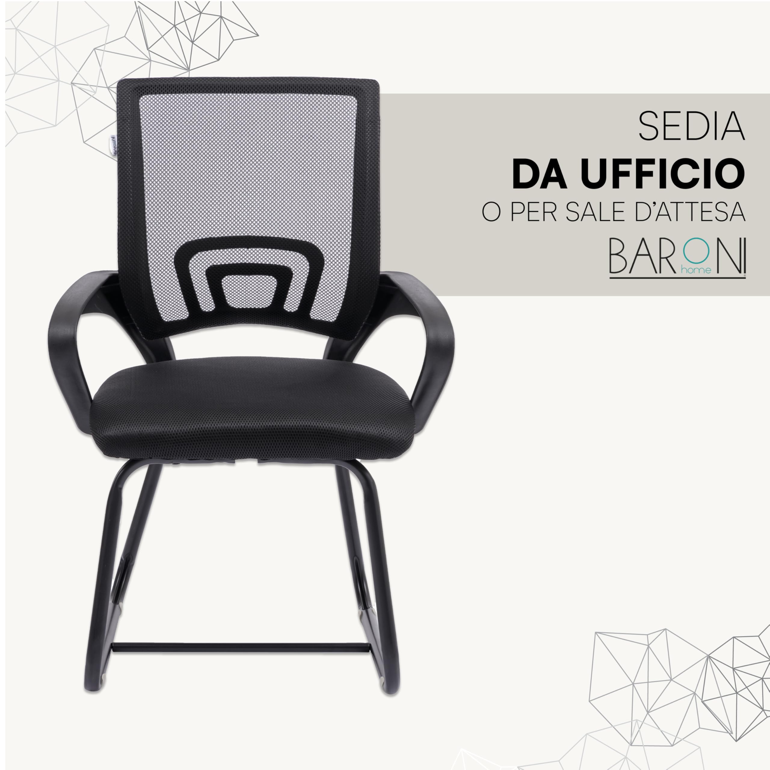 Baroni Home Sedia da Ufficio con Braccioli con Schienale Ergonomico in Tela Traspirante, Poltroncina a Sbalzo per Sale d'Attesa e Conferenze, Carico 130 kg, Nera con Gambe Nere, 46x50x88 cm