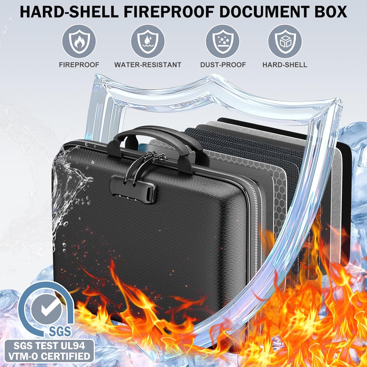 Fireproof Document Box with Lock, Hard-Shell Case Fireproof File Organizer; 13-Pocket Accordion Folder & Portable Home Office Travel Safe for Important Documents, Laptop in Black