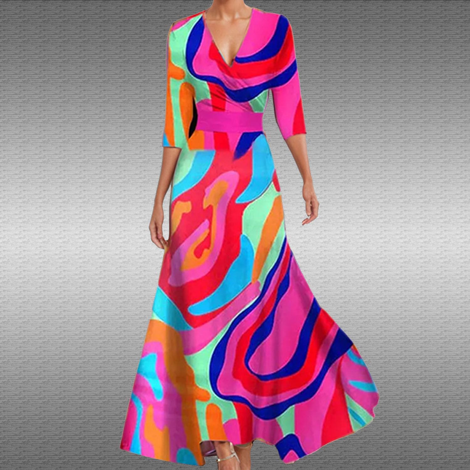 Vestido maxi floral primavera mujer Bolsillos cuello V cinturón playa boda