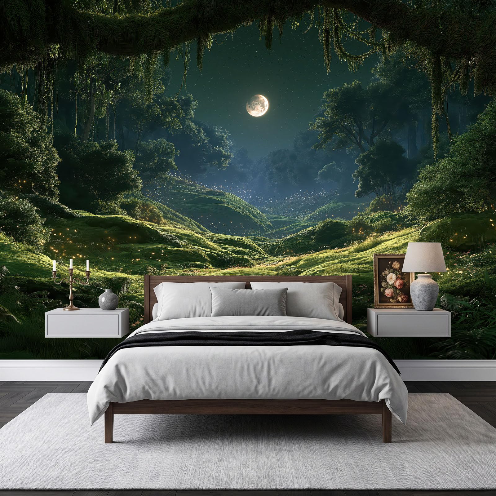 Générique 200 x 140 cm panoramiczna tapeta fantasy magia Wald Nachthimmel 3D projekt ścienny, dekoracja ścienna do zdjęć, tapety z włókniny dekoracja ścienna salon sypialnia, zielony