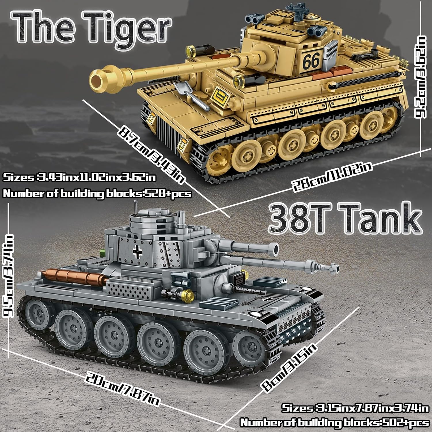 2 Piece Set of Building Block Toys, 38T & Tiger Tank Building Sets(1000+ pcs)