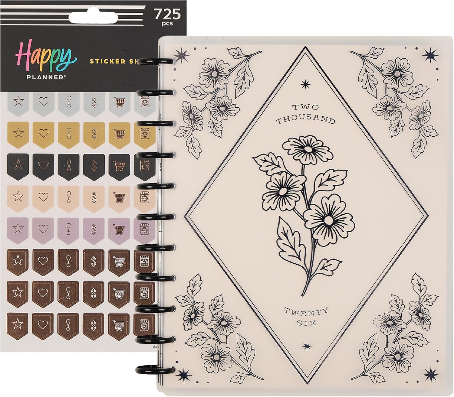 Happy Planner Big-Size 8.5" x 11" Ink & Ivy Jan.–Dec. 2026 Dashboard-Layout Disc-Bound Planner Bundle with Classic Calm & Cozy 15-Sheet Sticker Value Pack, 2 Items