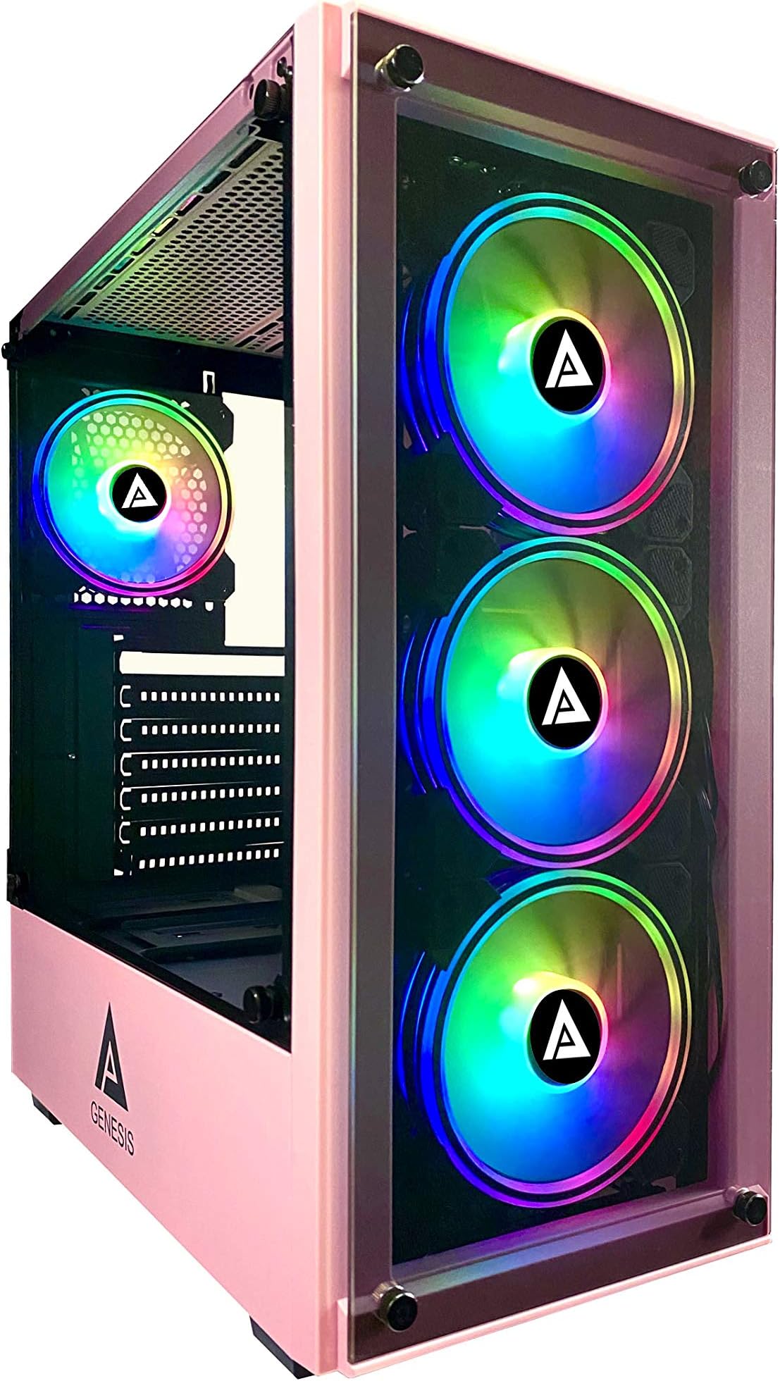 Apevia Genesis-PK Mid Tower Gaming Case with 2 x Tempered Glass Panel, Top USB3.0/USB2.0/Audio Ports, 4 x RGB Fans, Pink Frame