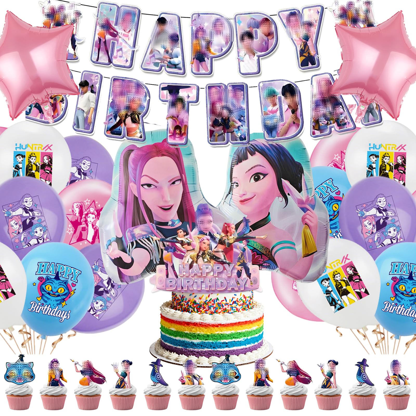 SupaWeiss 30pcs K-popS Birthday Decorations,Happy Birthday Balloons,Latex Balloons,Banner,Cake Topper,Party Decorations Set