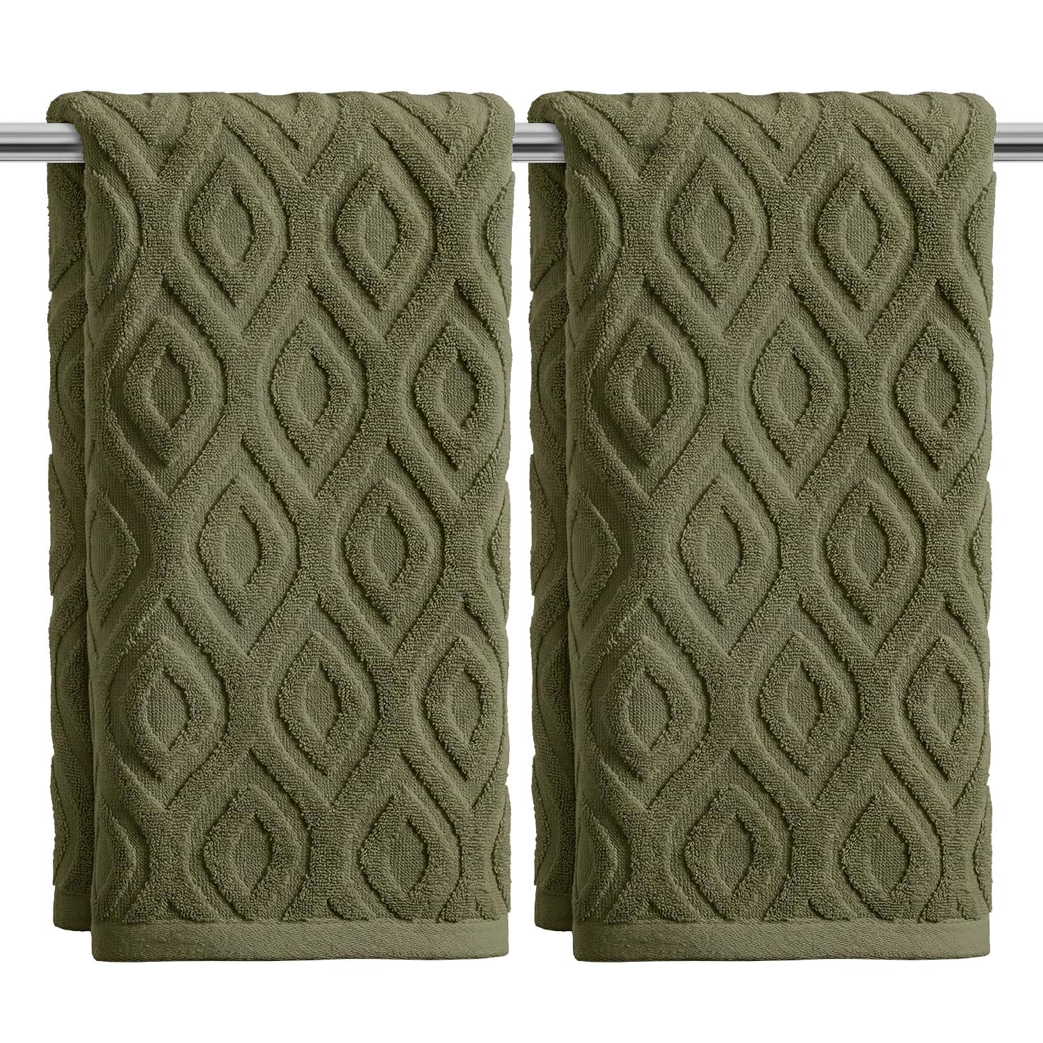Artoid Mode Olive Green 3D Diamond Grid Jacquard Hand Towels for Bathroom 35 x 75 cm, 100% Cotton Soft Absorbent Bathroom Decor Towels Set of 2