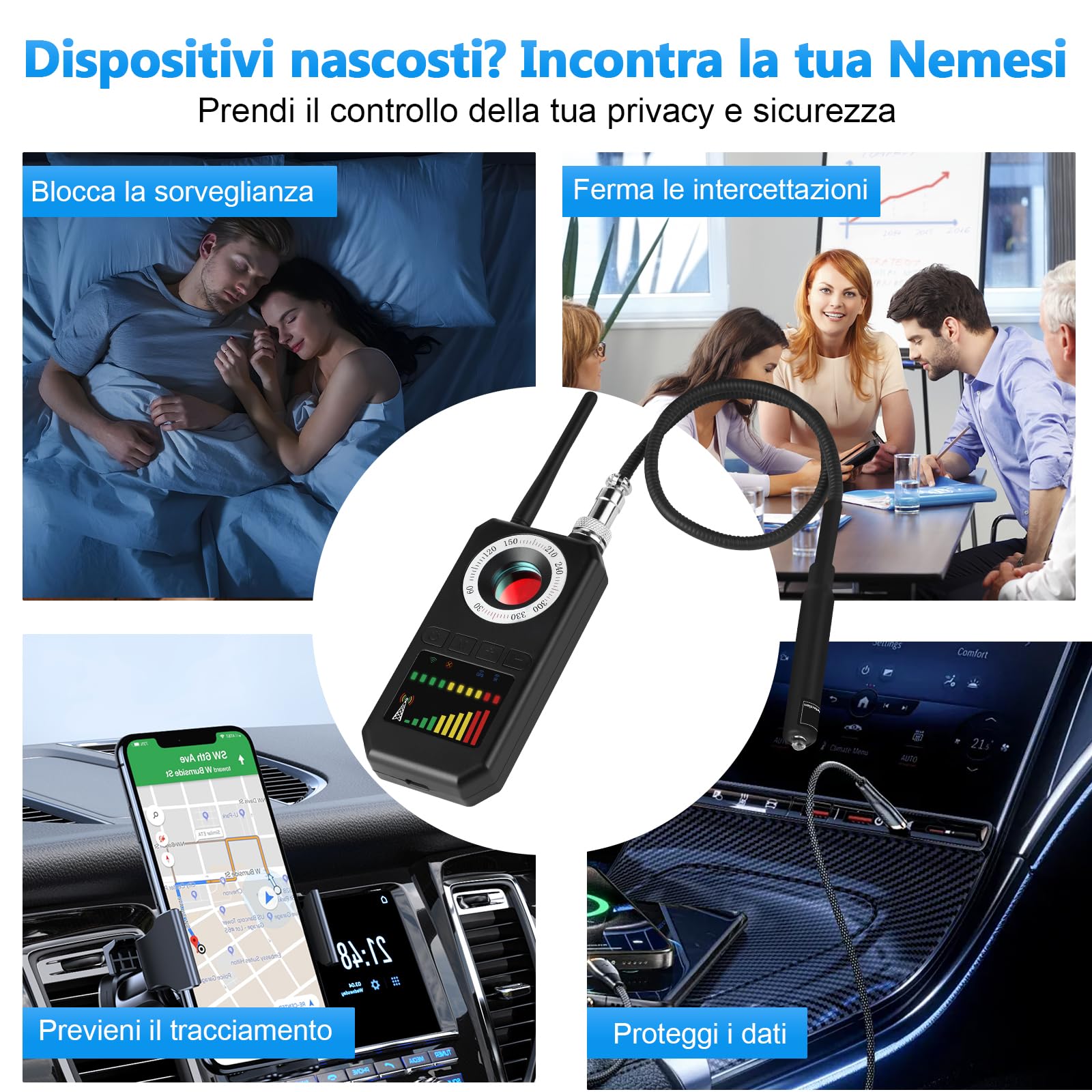 Rilevatore Microspie Senza Fili 6 in 1 - Detecțeur Telecamere Nascoste, GPS, RF e GSM, Rivelatore di Dispositivi di Ascolto, Rilevatore di insetti per Hotel, Ufficio, Casa