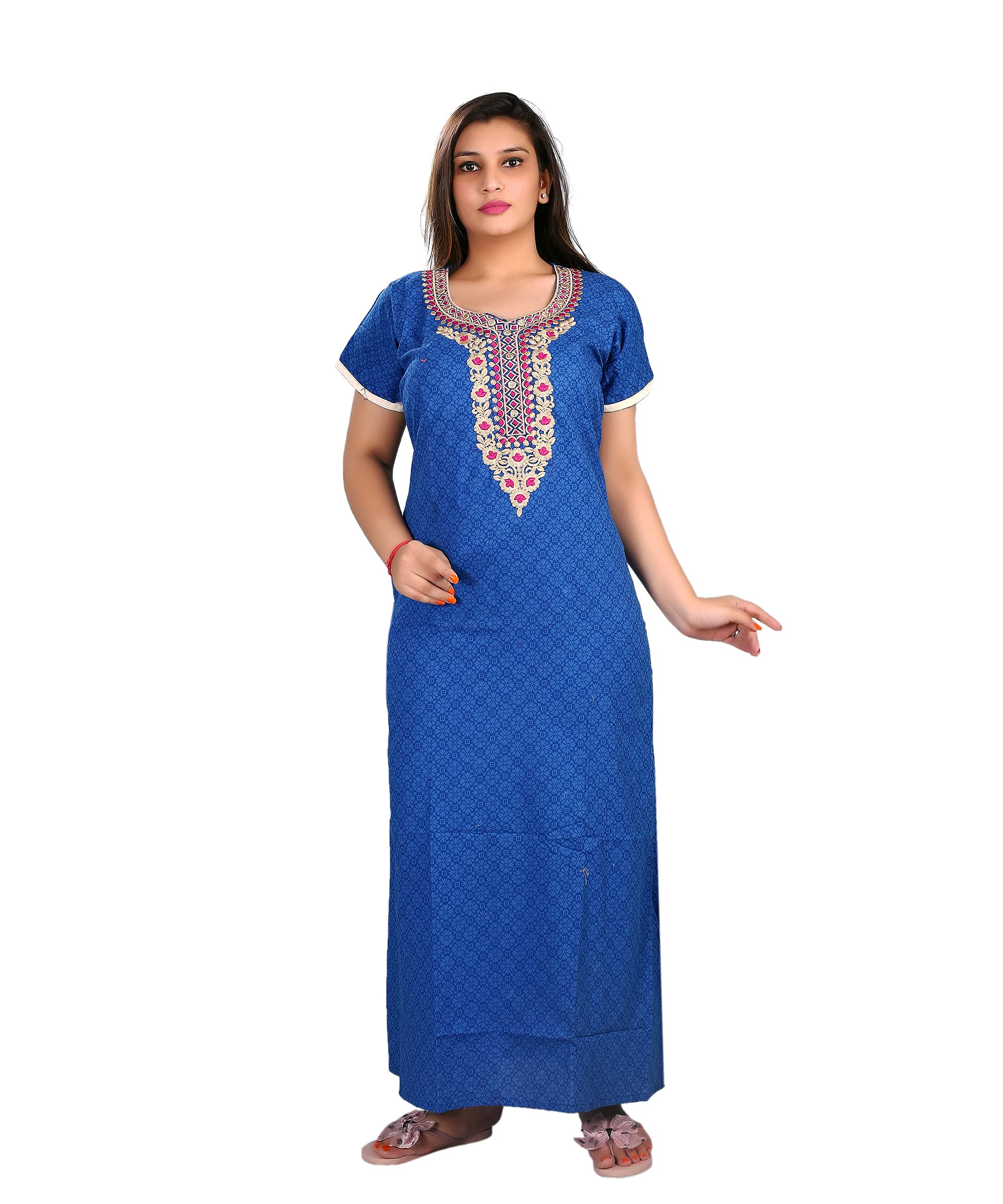 Women's Abstract 6 Embroidered Cotton Nighty (Free Size)