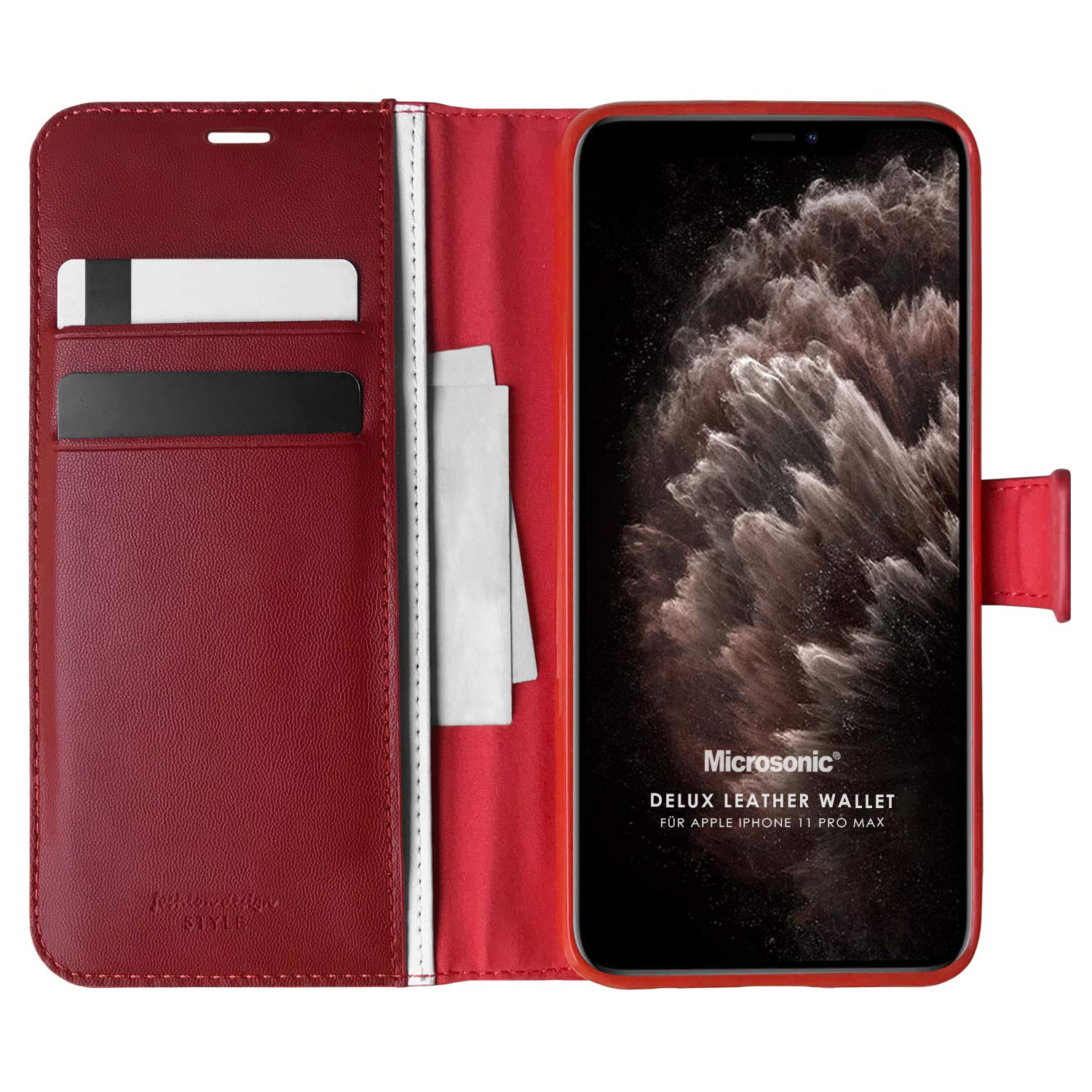 Microsonic Apple iPhone 11 Pro Max için Kılıf Delux Leather Wallet Kırmızı [iPhone 11 Pro Max ile Uyumlu Kılıf - Kırmızı]