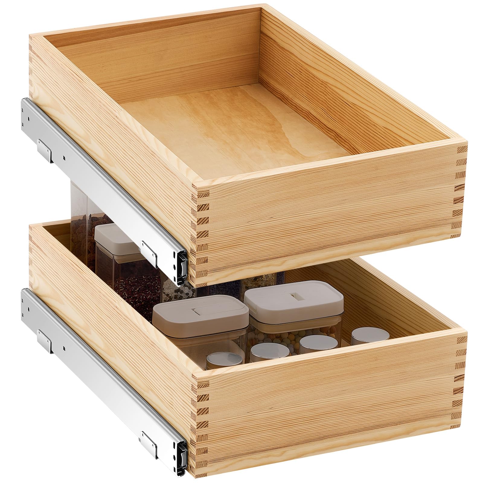 Menkxi 2 Set Pull out Tray Cabinet Organizer Wooden Pull Drawers storage Slide out Pantry Shelf for Base Cabinet Kitchen Gentle Close Fully Assembled Accessories(Wood Color,15'' X 21'' X 5'')