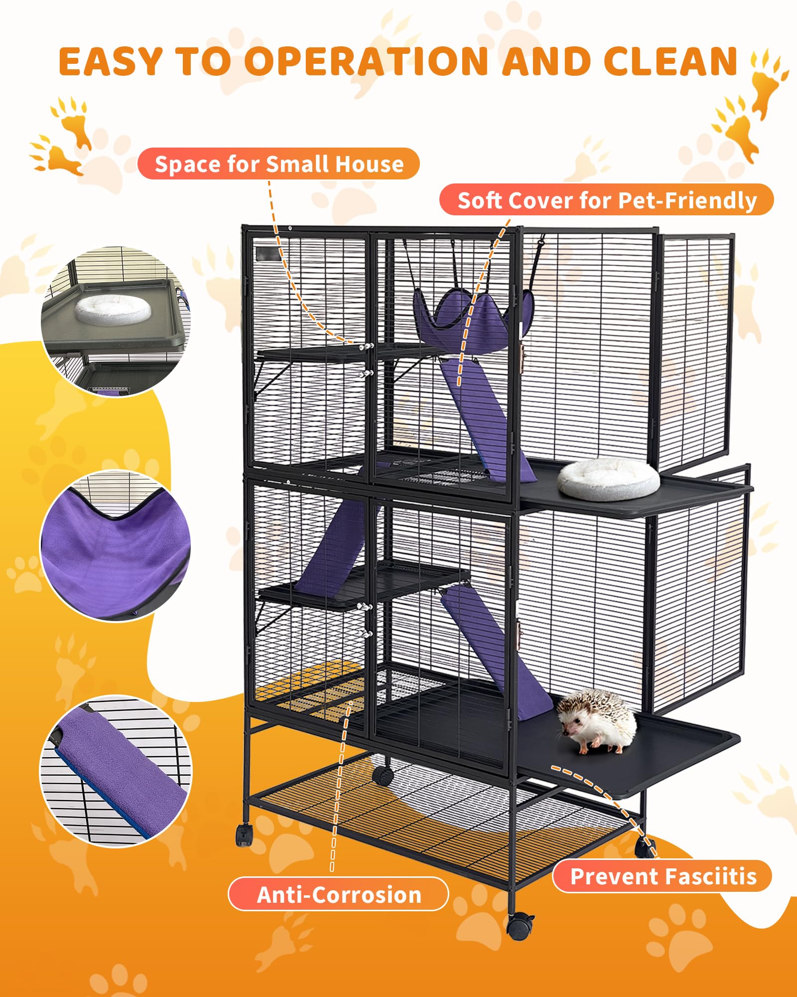 Garvee Kleintierkäfig, 162,6 cm hoch, Deluxe-Frettchenkäfig, 4 Etagen, großer Chinchilla-Käfig mit abnehmbarer Rampe, Hängematte, extra Stauraum, herausnehmbares Tablett für Frettchen, Chinchilla