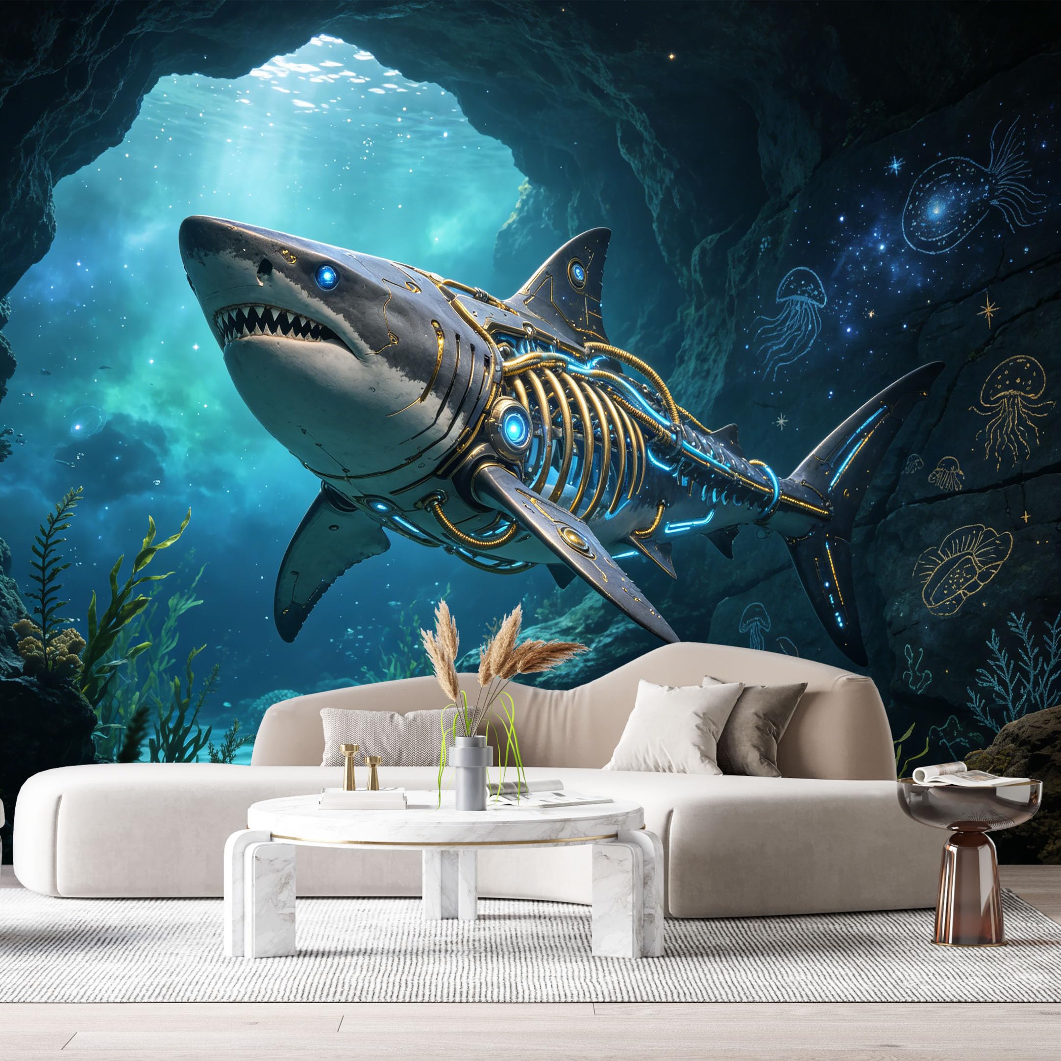 Custom Size Wall Mural Cybernetic Shark Ocean Mech Futuristic Deep Sea Neon SciFi Underwater Machine SelfAdhesive Art Prints Removable Large Wallpaper Esports Room Game Room Studio