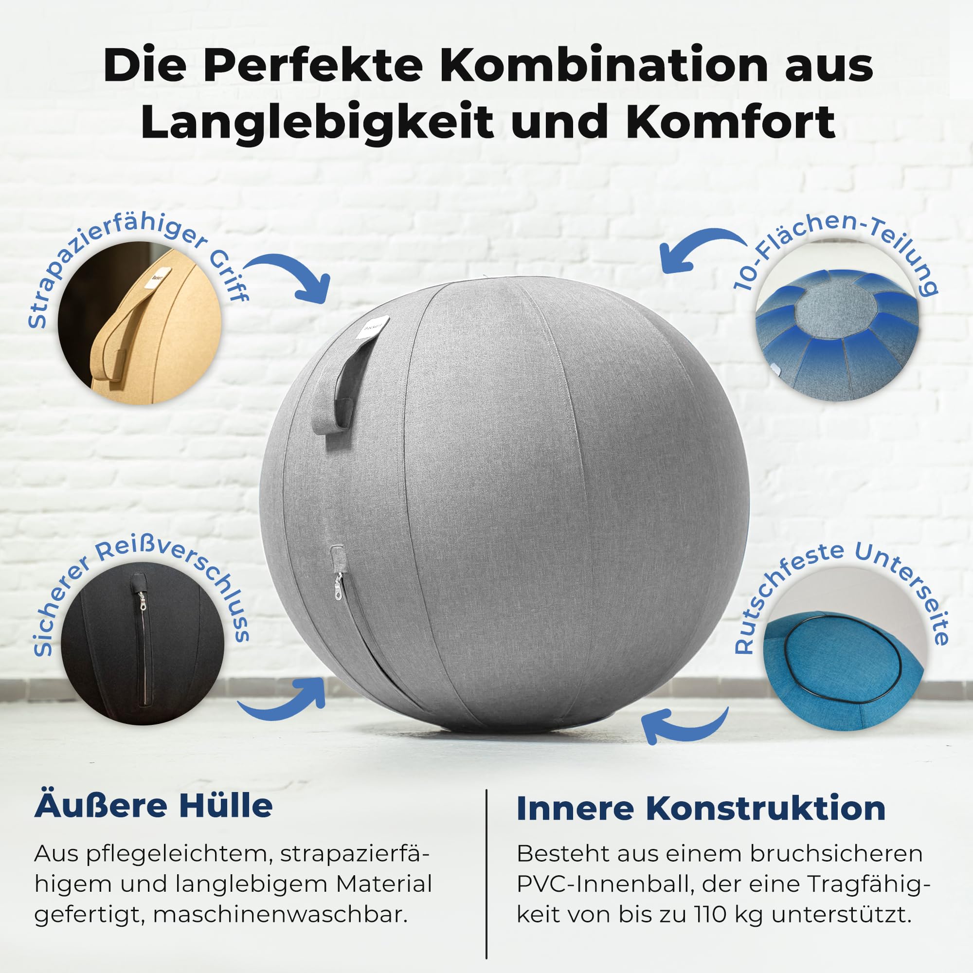 Backerz Sitzball Büro Ergonomisch 75 cm, Ergonomische Sitzmöbel für Büro und Heimbüro, Langlebiger Stoff, Gymnastikball - Fitness-Ball, Ballstuhl mit Ballauflage - Waschbarer Leinenbezug - Hellgrau