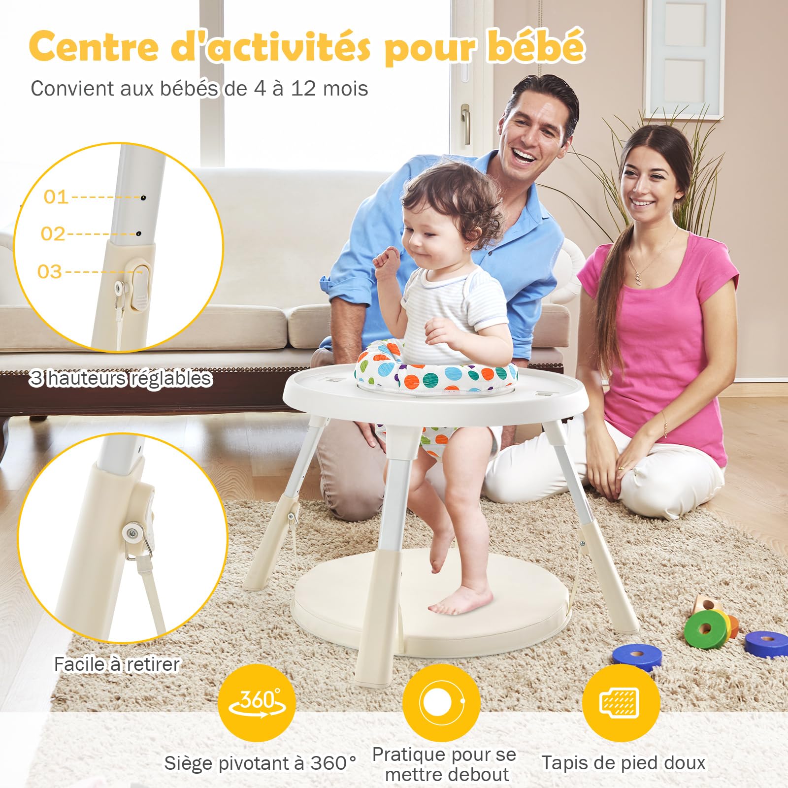 COSTWAY Chaise Haute Bébé Convertible 5-en-1, Chaise Haute Bébé Évolutive avec Plateau et Panier, Chaise Bébé pour Jeux, Hauteur Réglable à 3 Niveaux, de 4 Mois à 6 Ans, Charge : 18-35 KG (Beige)