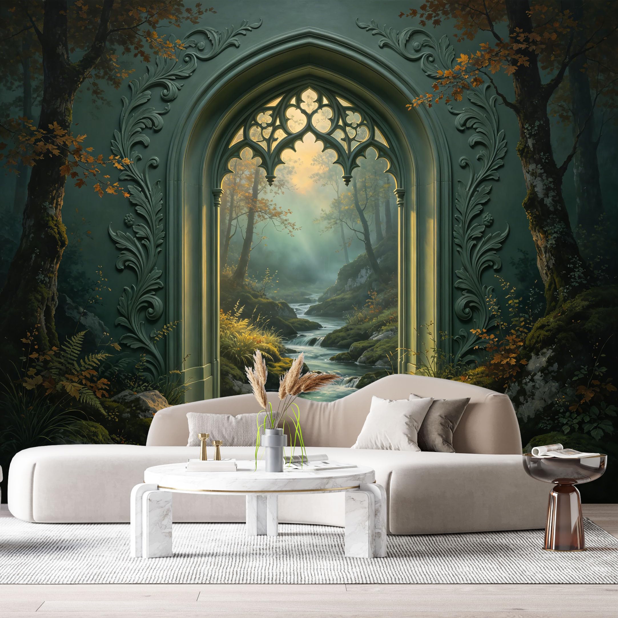 Custom Size Wall Murals Gothic Stone Archway Forest Landscape 3D Trompe L'Oeil SelfAdhesiveWall Fabric Removable Wallpaper Wall Decor for Living Room Bedroom Bathroom