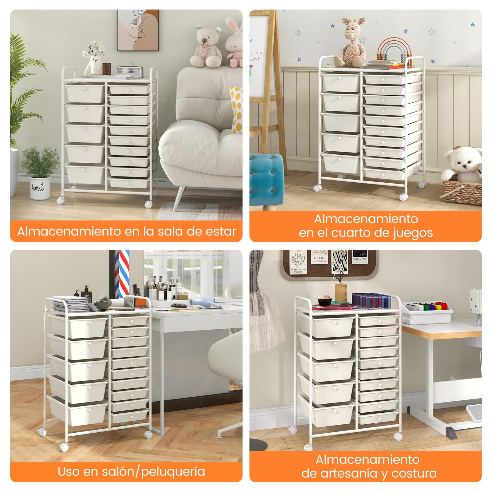 COSTWAY Carrito Auxiliar con Ruedas, Carro Almacenaje con 15 Cajones Apilables, Carrito Organizador con Ruedas Bloqueables de Metal para Cocina Oficina, Baño, 37x63x87cm (Blanco)