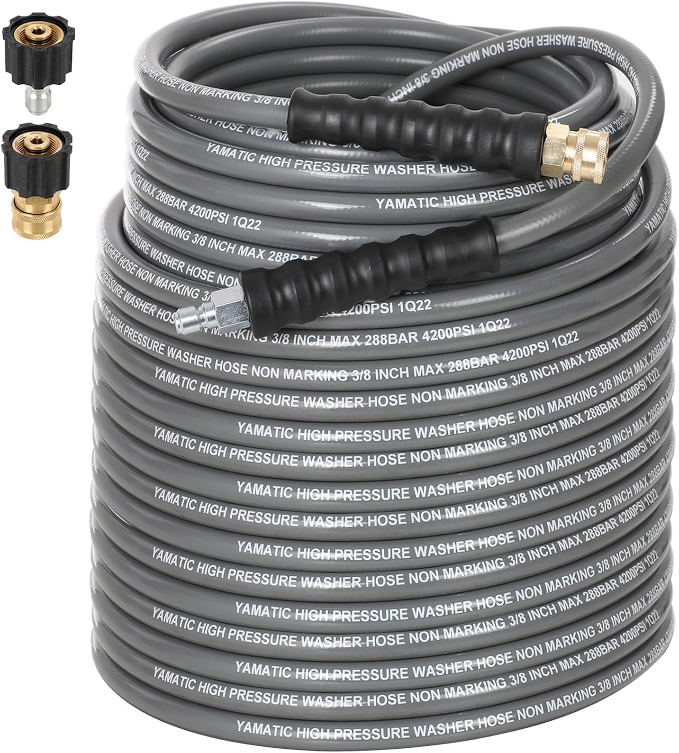 YAMATIC Non Marking 3/8" 4200 PSI Pressure Washer Hose 150 FT & Pressure Washer Hose Reel 150 ft with Jumper Hose 3ft