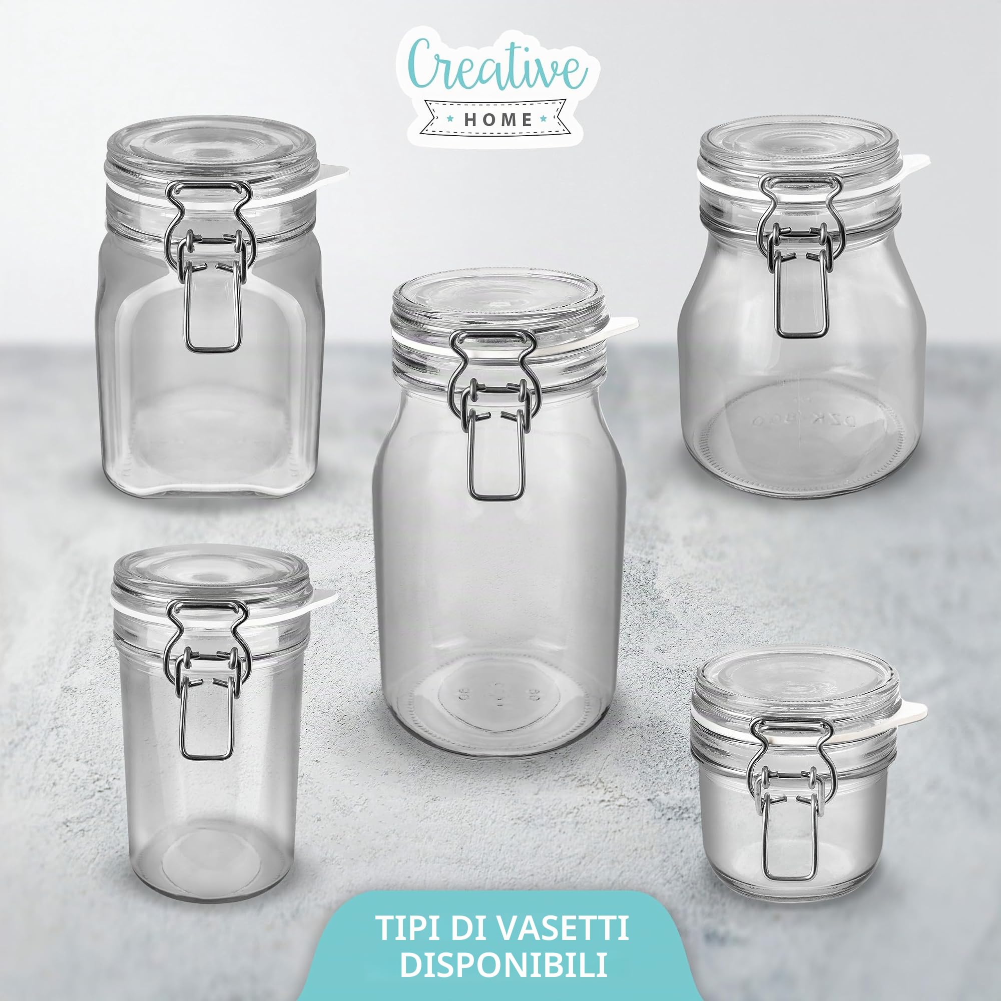 Creative Home Set 10 Barattoli in Vetro con Chiusura a Clip, 500 ml | 10 vasetti da 500 ml, vetro trasparente, chiusura a clip, 12 etichette, per sale zucchero caffè biscotti