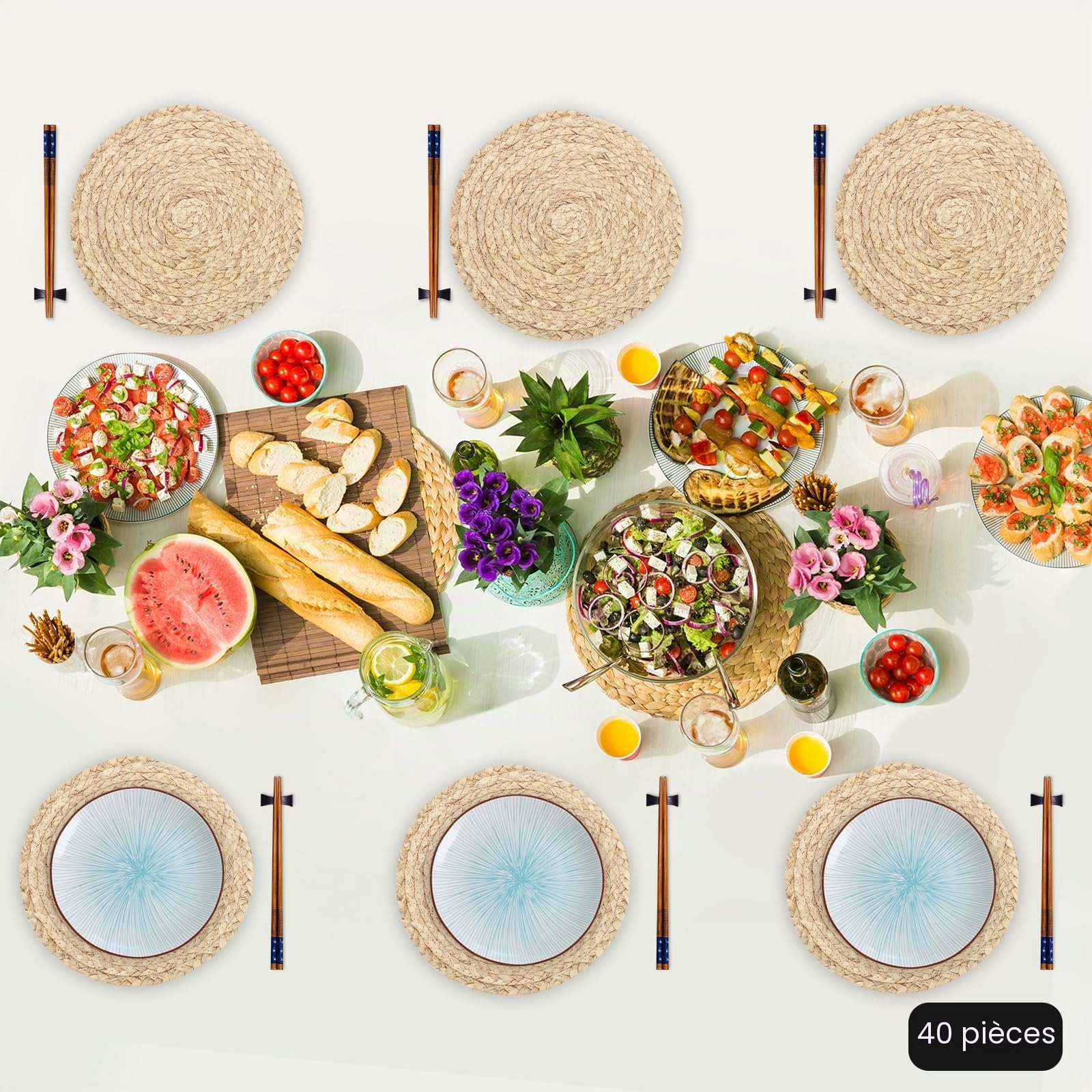 Lot de 40 sets de table ronds, style bohème naturel, 30 cm, tressés en spirale, inserts gastronomiques dans les restaurants et nappes (couleur naturelle, 40 pièces)