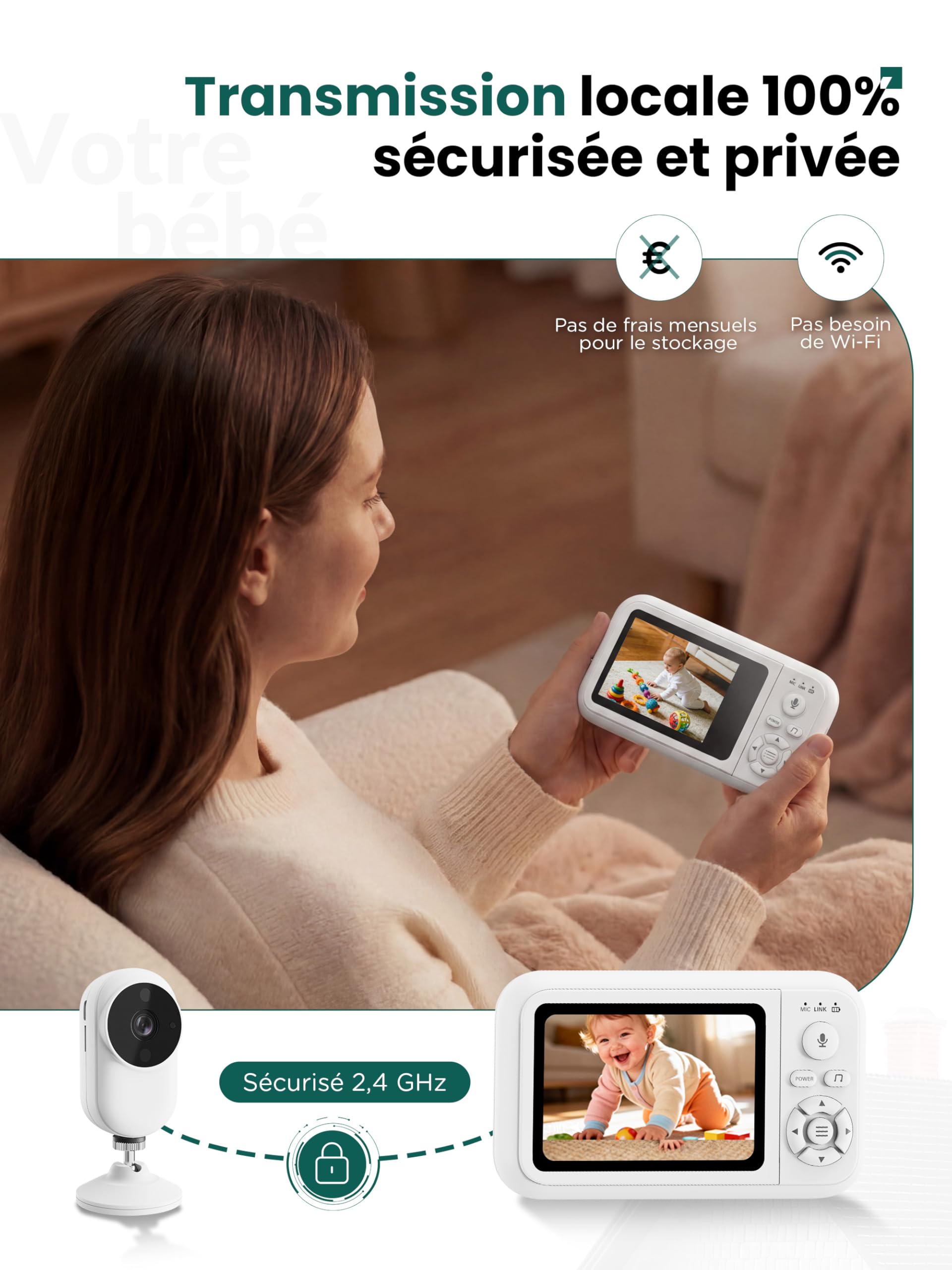 NUOTUN Babyphone Camera sans WiFi avec Support Lit, HD Camera Bebe Surveillance avec 3.5" IPS écran, Audio Bidirectionnel, Détection des Pleurs, Vision Nocturne, Berceuses, Cadeau de Naissance idéal