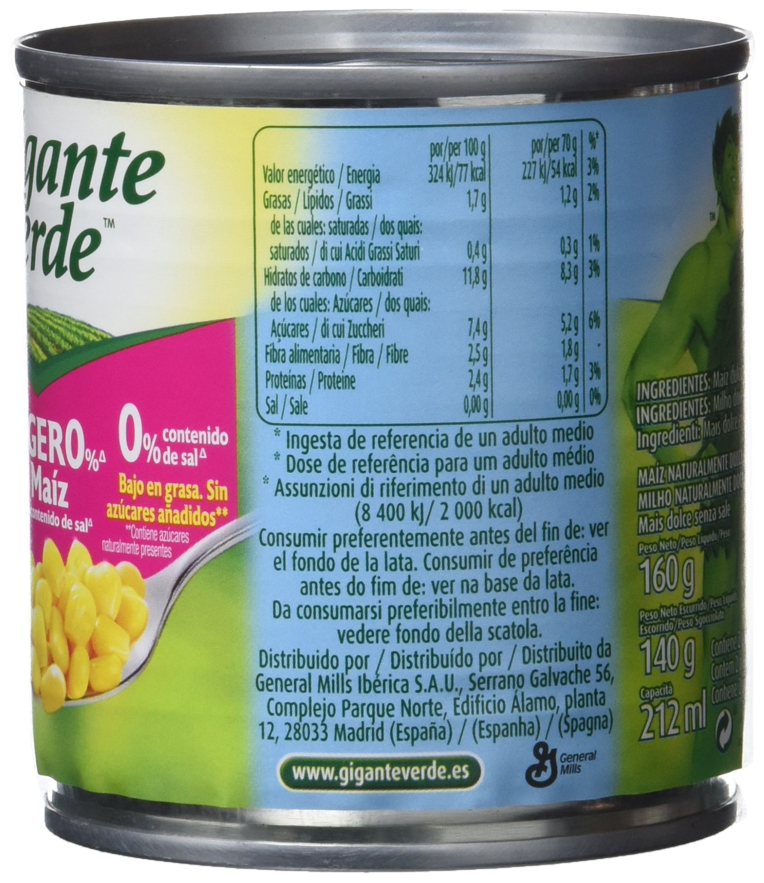 Gigante verde bipack lata de maíz dulce ligero% (0% sal) 2x160g