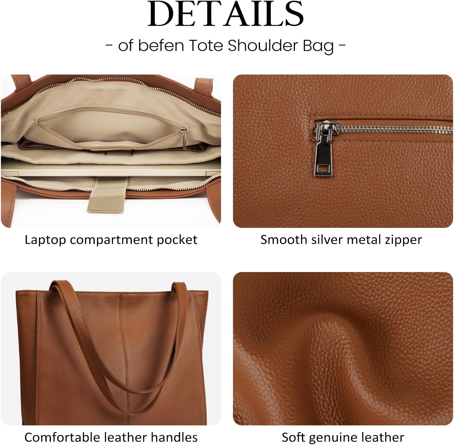 befen Genuine Leather Tote Bag for Women Work, Women's Leather Shoulder Bags Purses Satchel Handbags with Laptop Compartment - Image 5
