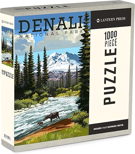 Rompecabezas de 1000 piezas del Parque Nacional Denali, Alaska, Alce y River Rapids (fabricado en Estados Unidos, materiales ecológicos, papel de