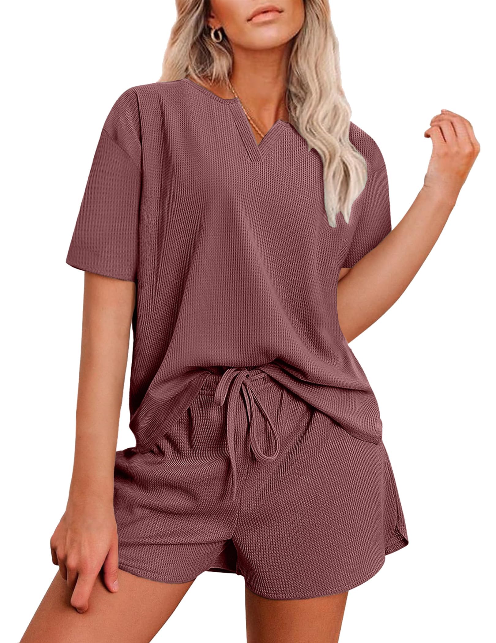 KCLROEO Pajamas Lounge Sets for Women 2 Piece Shorts Waffle Knit Summer Comfy Pj Loungewear Set Sleepwear with Pockets