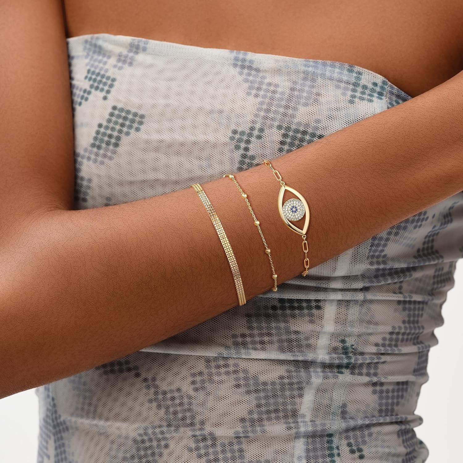 MEVECCO Gold Venice Chain Bracelets,14K Gold Plated Handmade Cute Emboss Spiral Figaro Link Chain Diamond Cut Dainty Bracelet for Women - Image 3