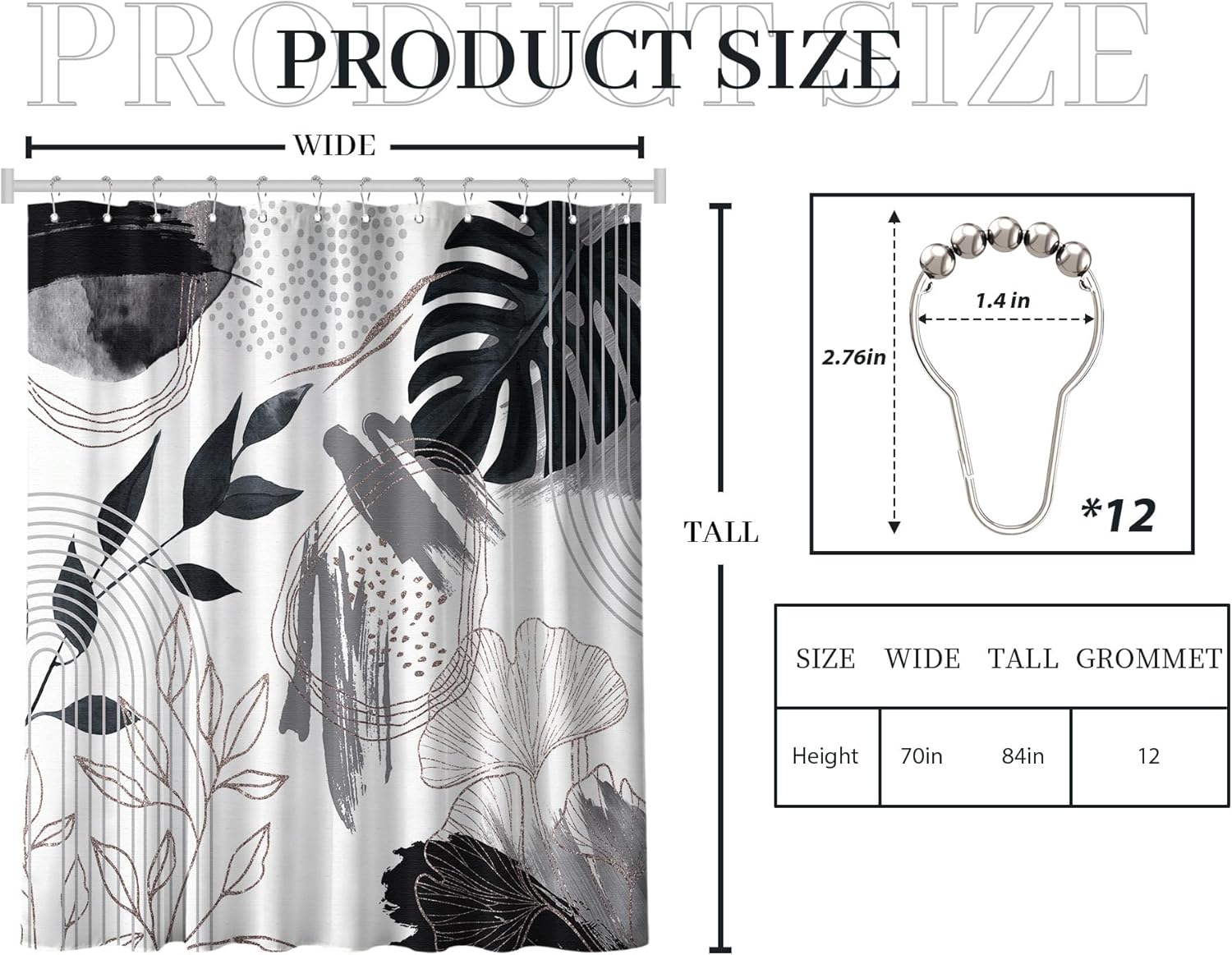 Grey and White Boho Shower Curtain Mid Century Modern Black and Gray Leaf Shower Curtains for Mens Bathroom Decor Set, Waterproof Cloth Fabric with Hooks, 70" W x 84" L