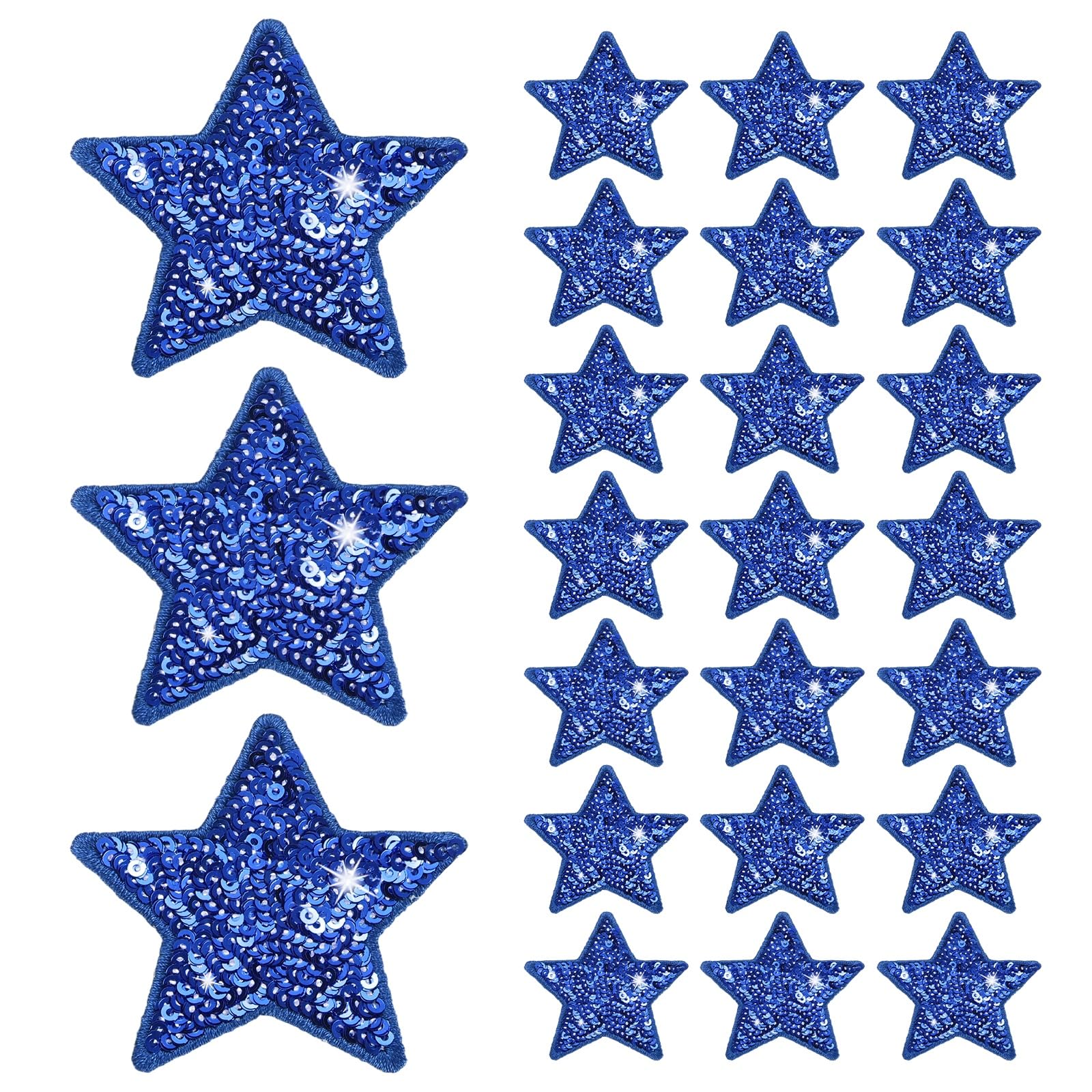 M METERXITY 24-Pack Sequin Star Iron Patches, 2.4x2.4in/6x6cm Colorful Shiny Patches Embroidery for Clothes/Hats/Bags/DIY/Repair Hole, Glitter Star Applique Sewing Patch [Dark Blue]