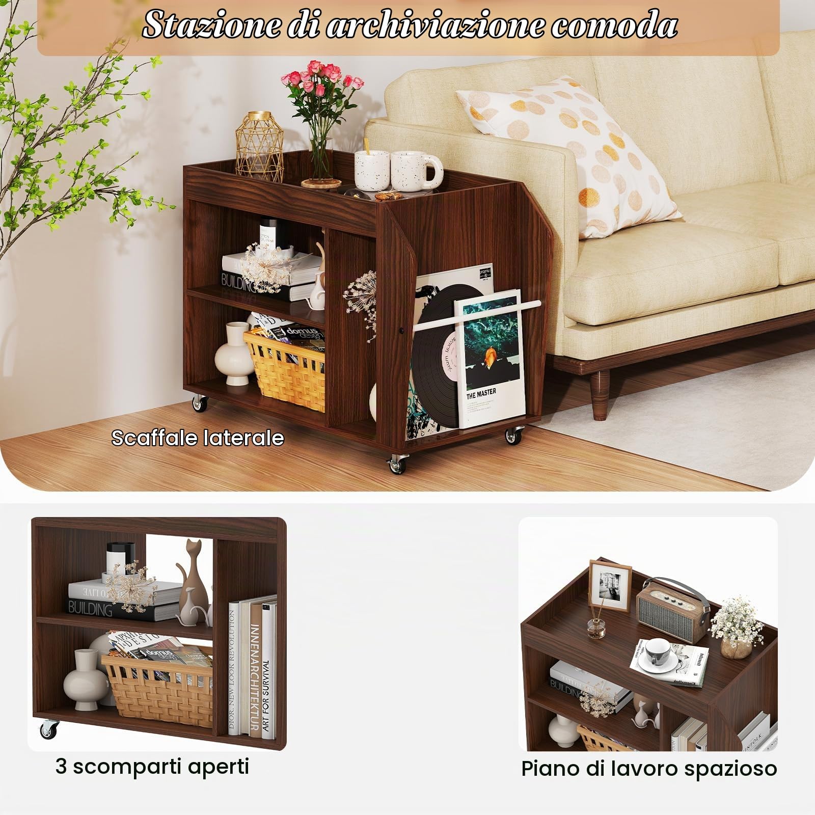 LIFEZEAL Tavolino da Divano con 4 Ruote, Tavolino Laterale da Caffè a 3 Ripiani, in Legno, Piccolo, Salvaspazio, Anticaduta, Industriale, Rustico, Soggiorno, Salotto, Side Table, 76x39,5x55cm, Marrone
