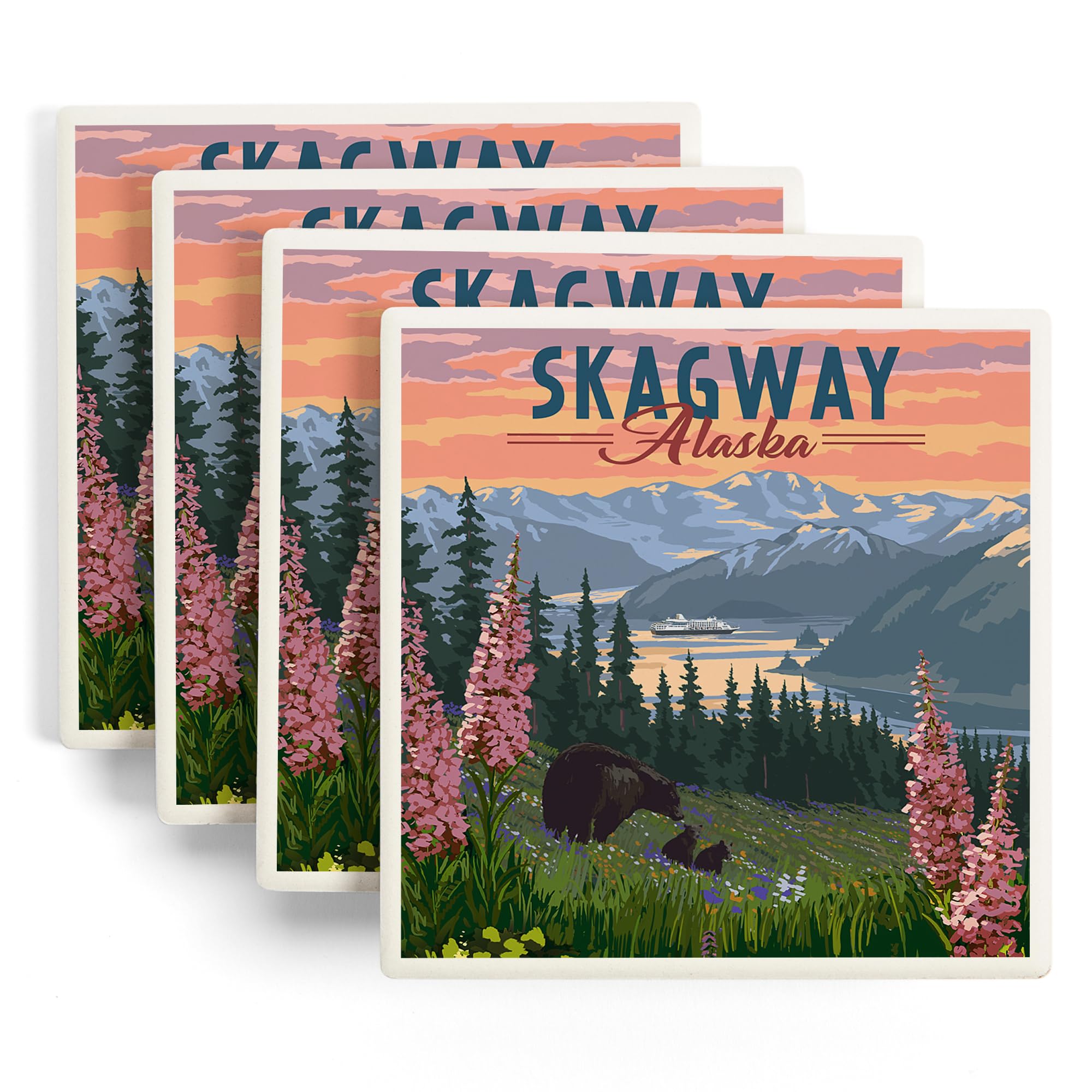 Lantern Press Skagway, Alaska, Bear and Spring Flowers (Absorbent Ceramic Coasters Set of 4 Matching Images, Cork Back, Kitchen Table Decor)