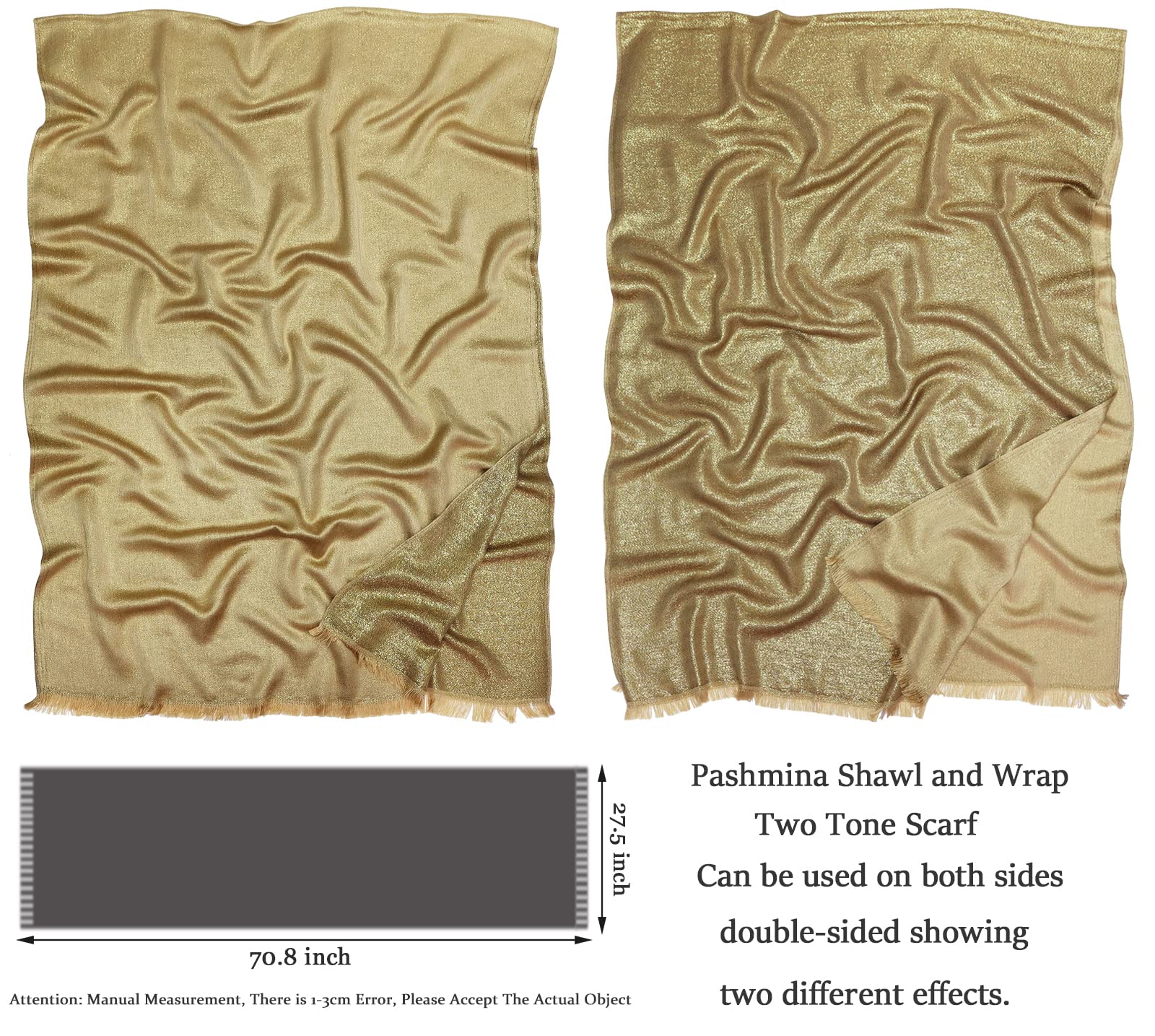 Châle pashmina métallique étincelant pour femme - Longue écharpe de fête - Couleur unie - Deux tons