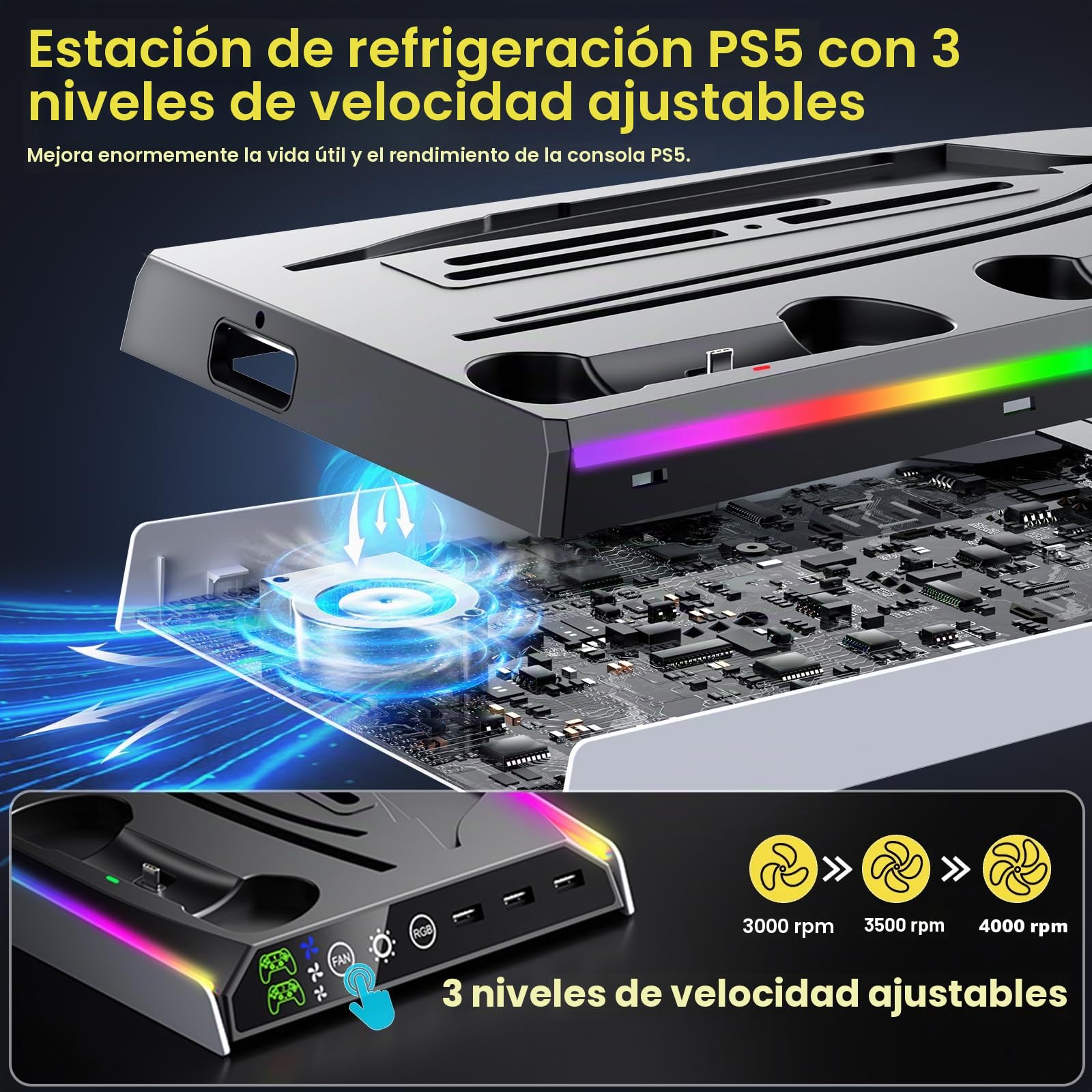Fenolical Soporte Delgado para PS5/PS5 con Ventilador de Refrigeración Ajustable, Soporte de Cargador de Refrigeración Vertical PS5 para PS5/PS5 Slim, Estación de Refrigeración Delgada Multifuncional