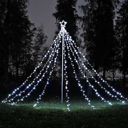 Yescom Luz LED RGBY de 12 pies con forma de cono de cascada con remate de estrella, 9 cuerdas, 362 luces LED de estrella, decoración de Navidad,