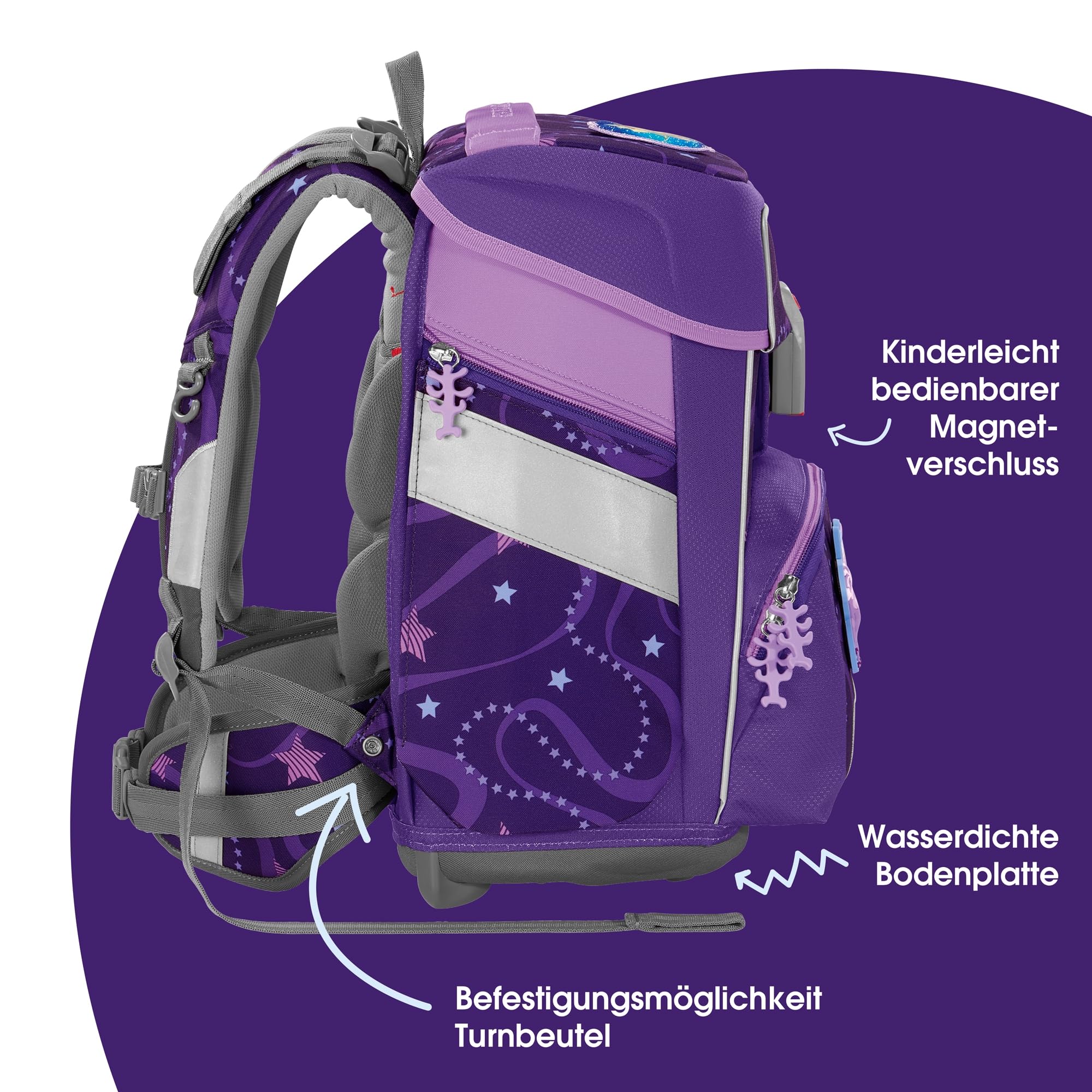 Step by Step Tornister szkolny Space, 5-częściowy, ergonomiczny tornister z odblaskami, regulacja wysokości z paskiem biodrowym, od 1. klasy, 20 l, Pegasus Emily - fioletowy, Rozmiar uniwersalny