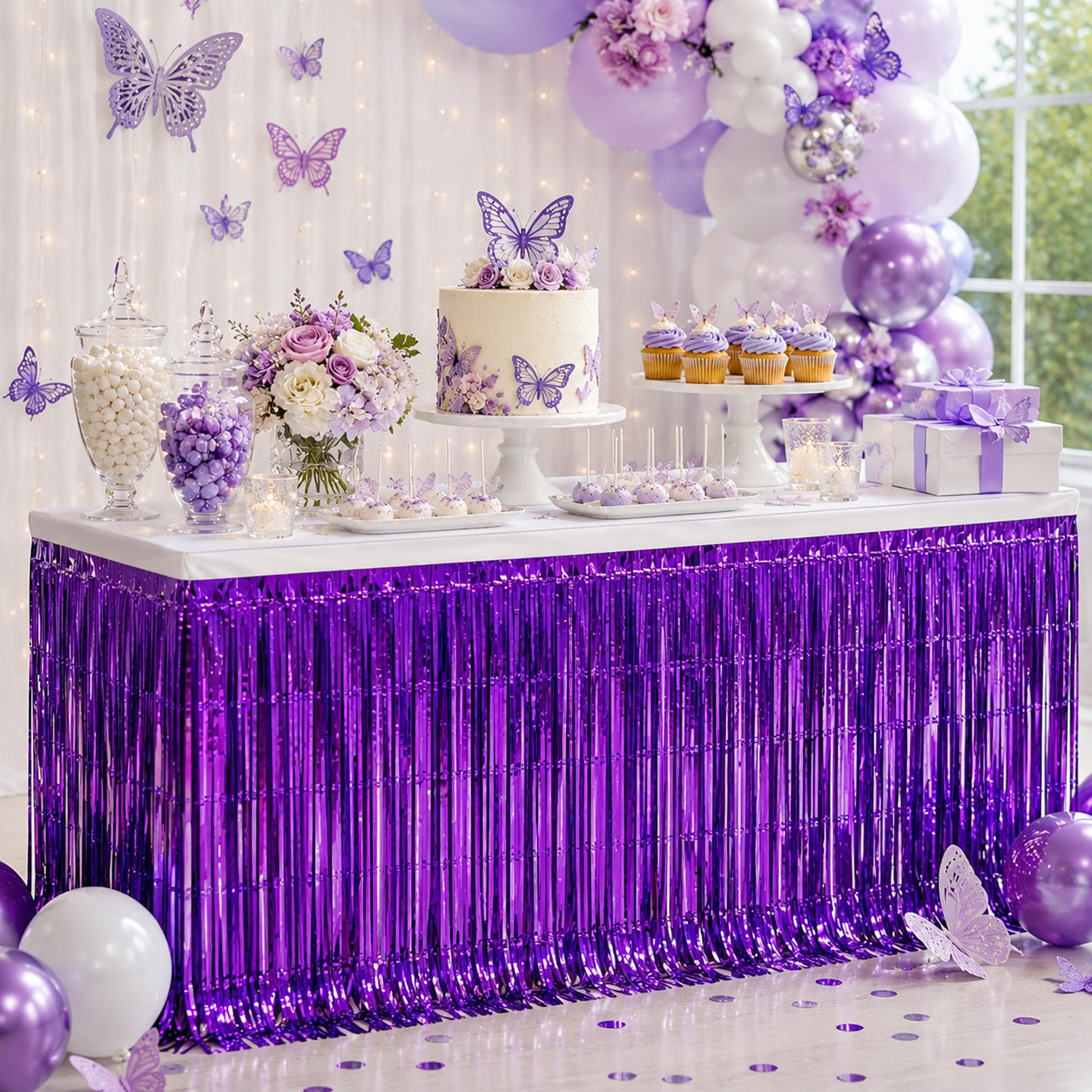 4 Pack Purple Foil Fringe Table Skirt, Metallic Tinsel Streamers, 29x108 In