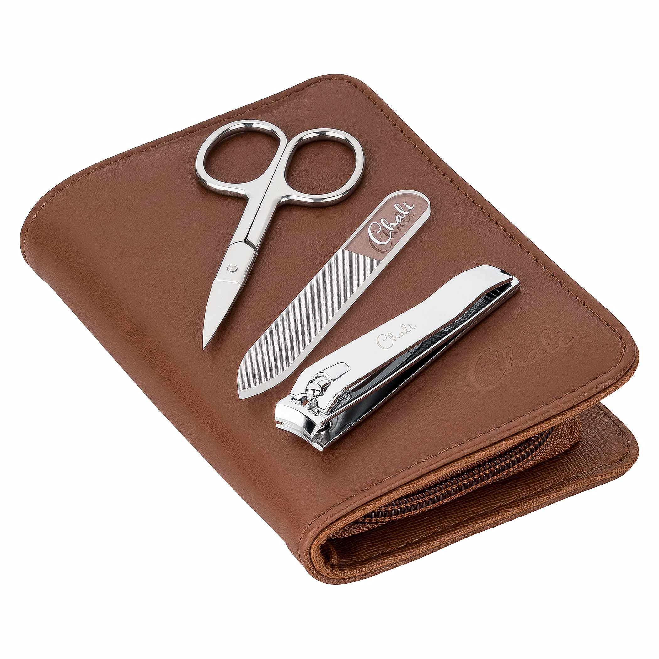 Chali® Kit Manucure Pedicure de 7 Pièces avec Étui, Inox Set Ongle - Coupe-Cuticules, Coupe Ongles, Lime à Ongles en Verre, Pince et comptage