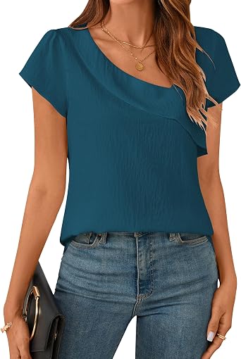 BMJL Womens Dressy Casual Blouses Asymmetrical V Neck Business Work Tops Ruffle Sleeve Summer Shirts