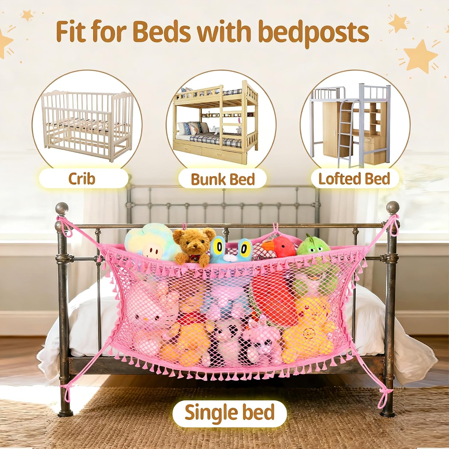 Stuffed Animal Storage Net, Large Bedside Toy Organizer Net, Cotton Plushie Toy Storage Hammock with Tether for Stuffed Animals Room Organization (Pink, 2 Pack)