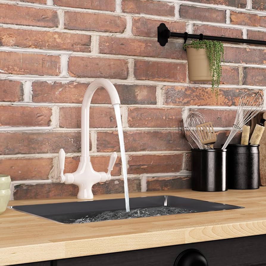 Funime Traditional Kitchen Sink Mixer Taps White Elegant Ceramic Dual Lever Monobloc Swivel Spout Chrome Brass With Free Hoses