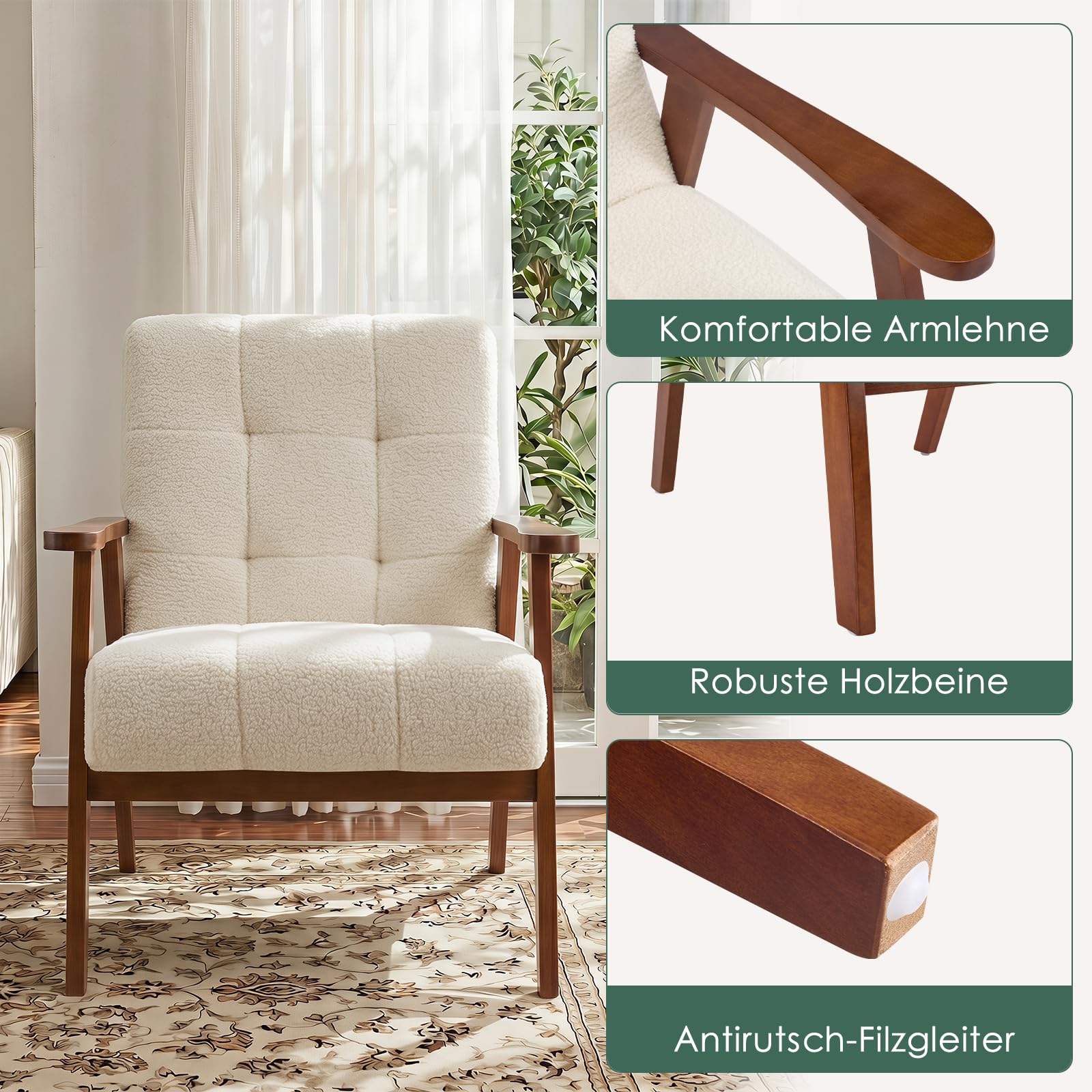 Sessel mit Armlehnen, Loungesessel aus Samt mit Dickem Kissen, Cocktailsessel mit Massiven Holzbeinen, Polstersessel für Wohnzimmer, Schlafzimmer, Aufenthaltsraum, Büro, Elfenbeinweiß
