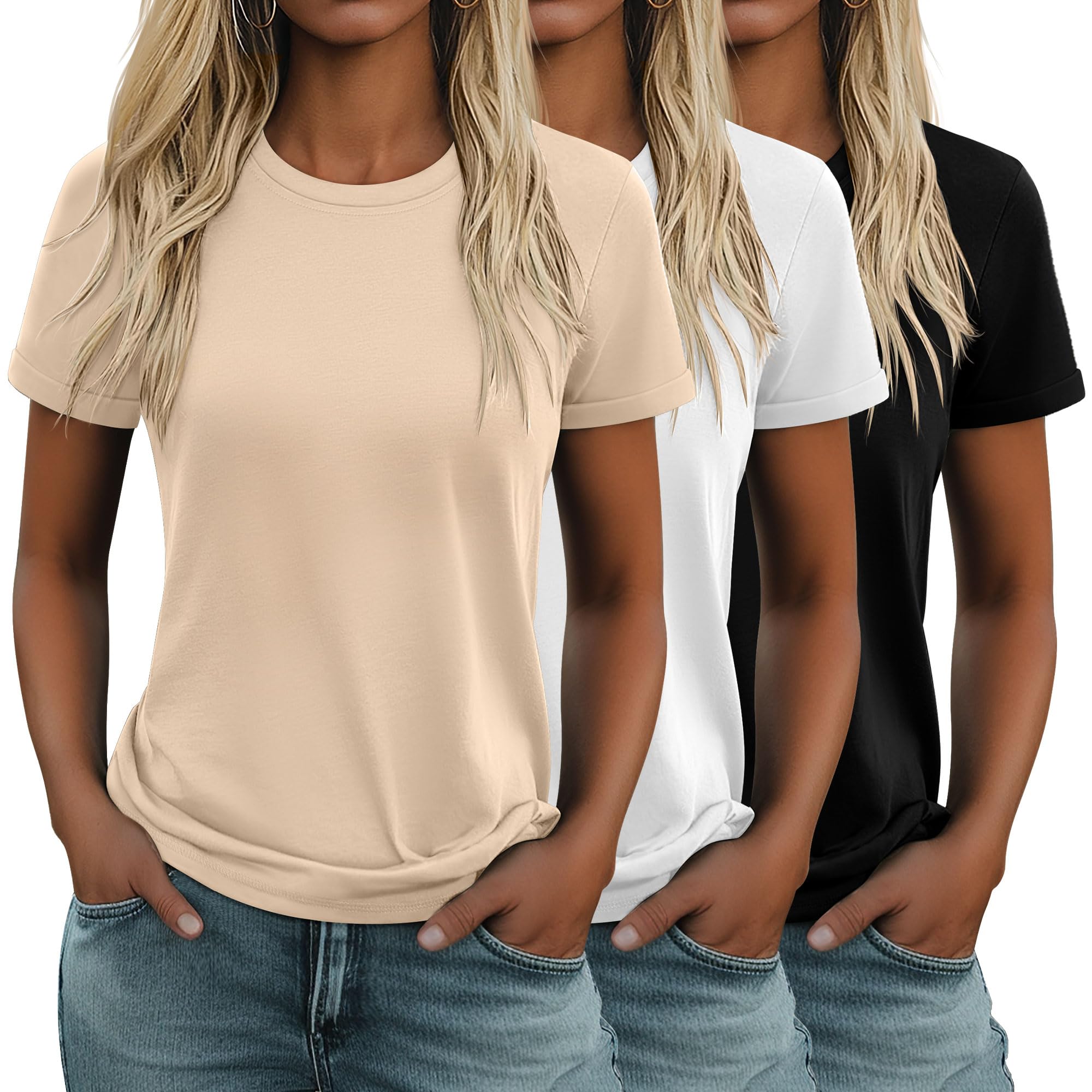 Huukeay 3 Pack Women's Cotton T Shirts Casual Short Sleeve Tunic Tops Crewneck Summer Loose Fit Plain Basic Tee